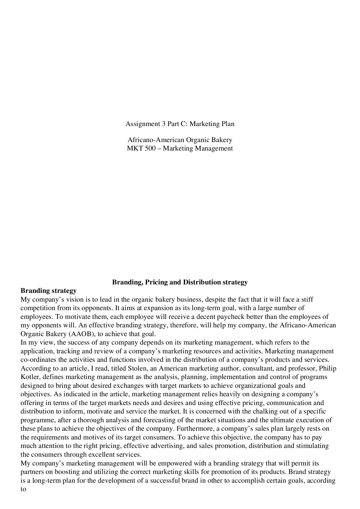 Preview image for MKT 500 Assignment 3 Part C Marketing Plan