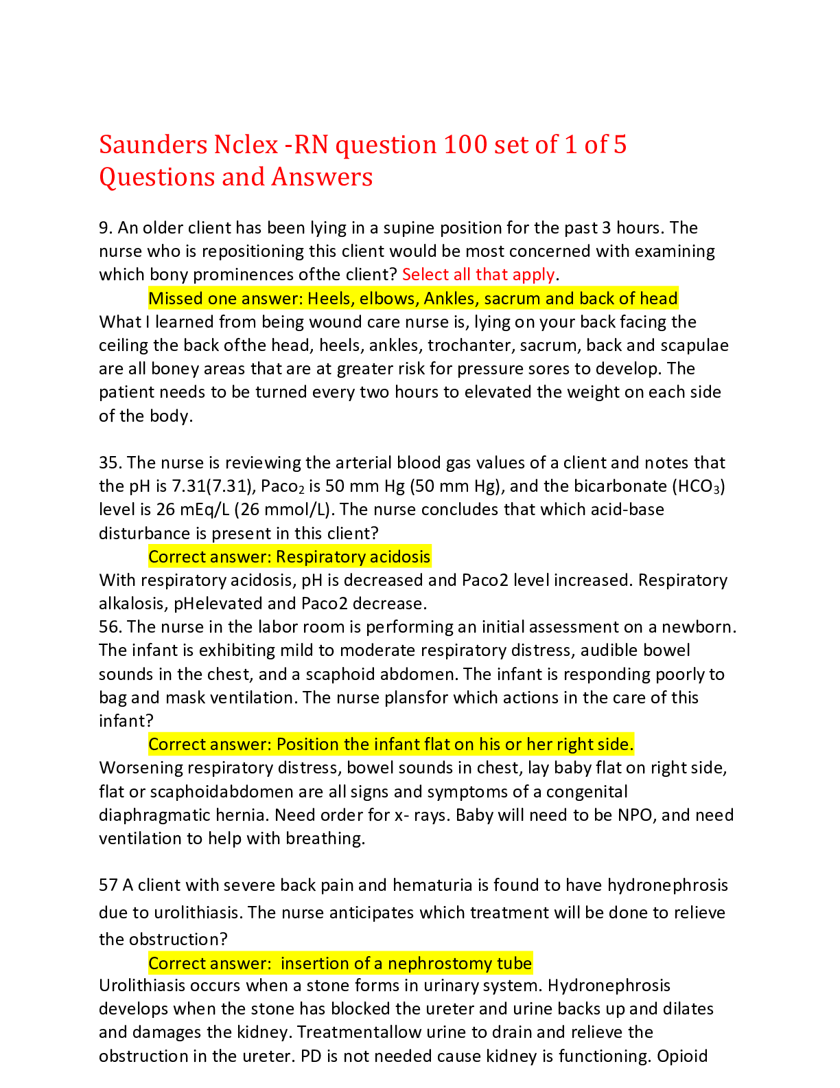 Preview of Saunders Nclex -RN question 100 set of 1 of 5 Questions and Answers,100% CORRECT