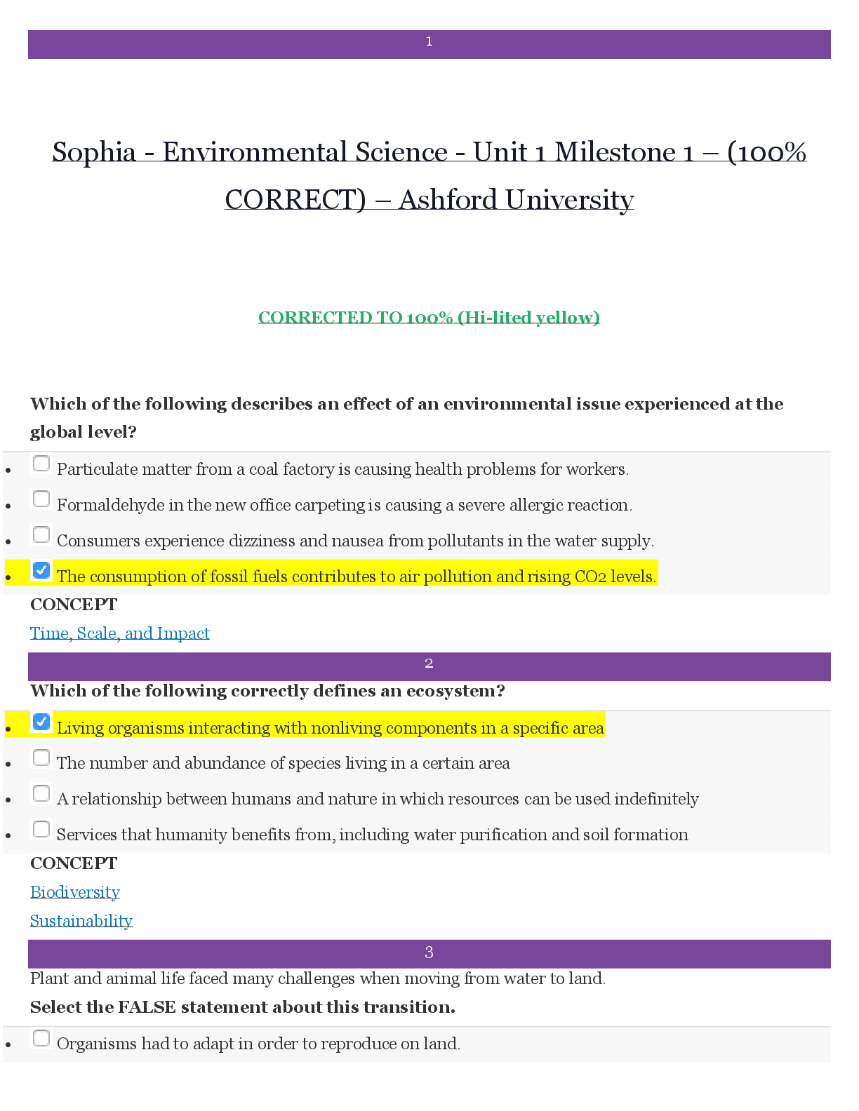 Recommended document preview for Sophia Environmental Science Unit 1 Milestone 1 Exam (100% CORRECT)
