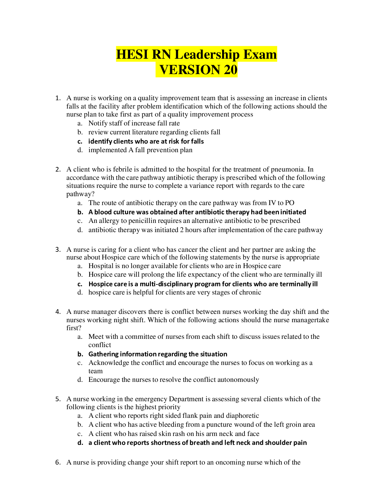 HESI RN Leadership Exam Ver. 20 Questions & Answers with Rationale