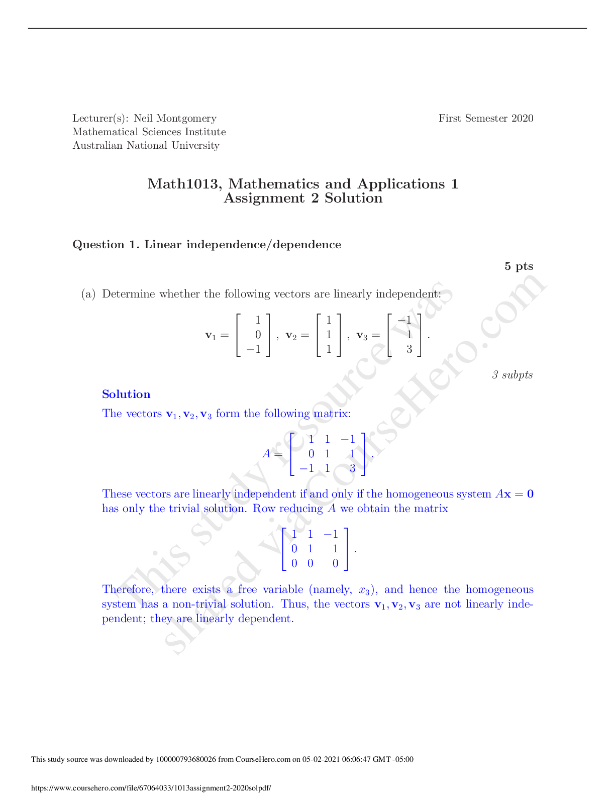 Preview of Australian National UniversityMATH 10131013assignment2_2020. ALL ANSWERS CORRECT