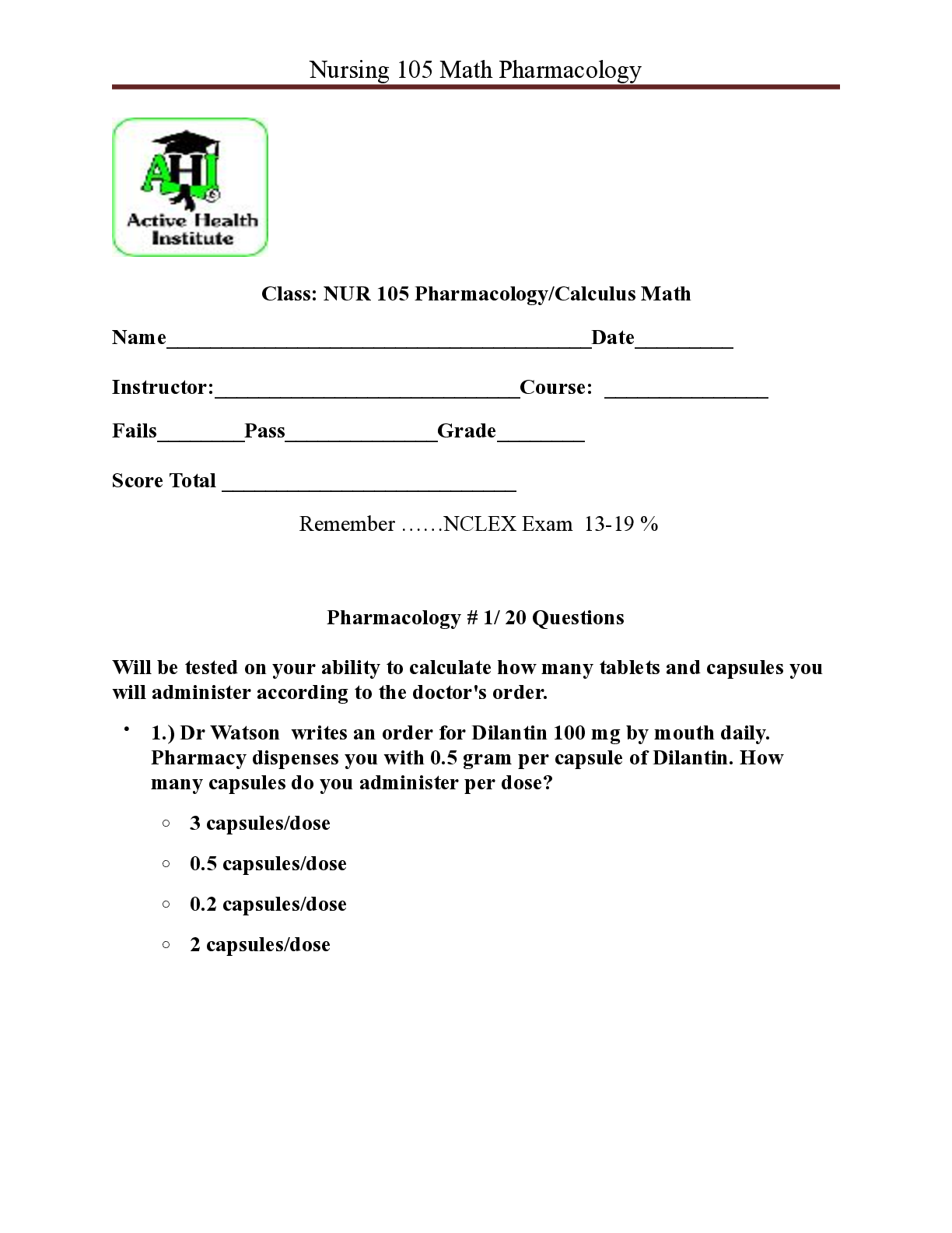 Preview image for Class: NUR 105 Pharmacology/Calculus Math | Download for quality grades