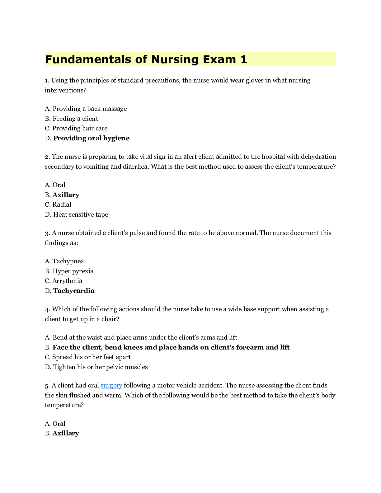 Preview image for Fundamentals of Nursing Exam 1 With Correct Answers.