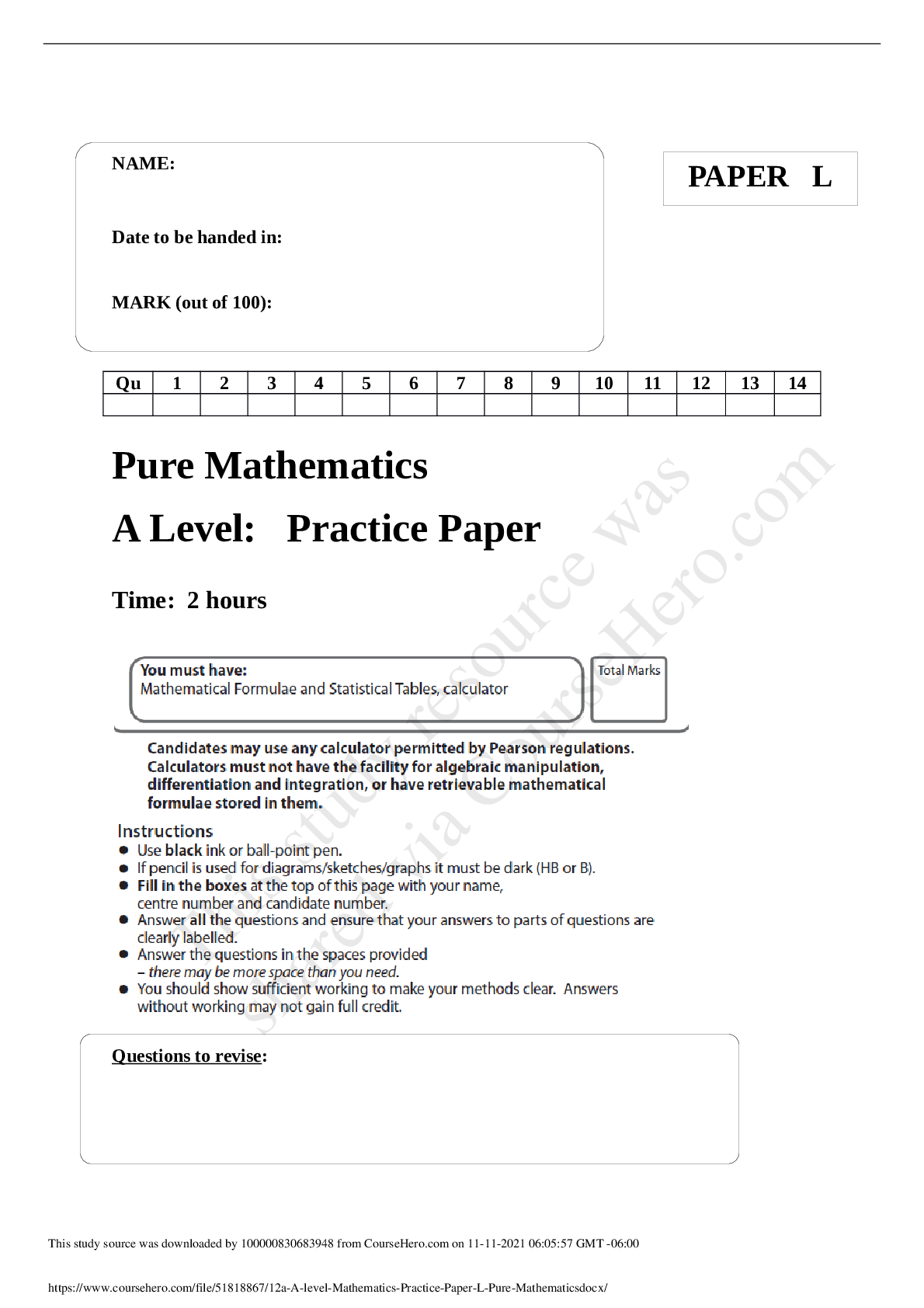 Preview image of Pure Mathematics A Level: Practice Paper document