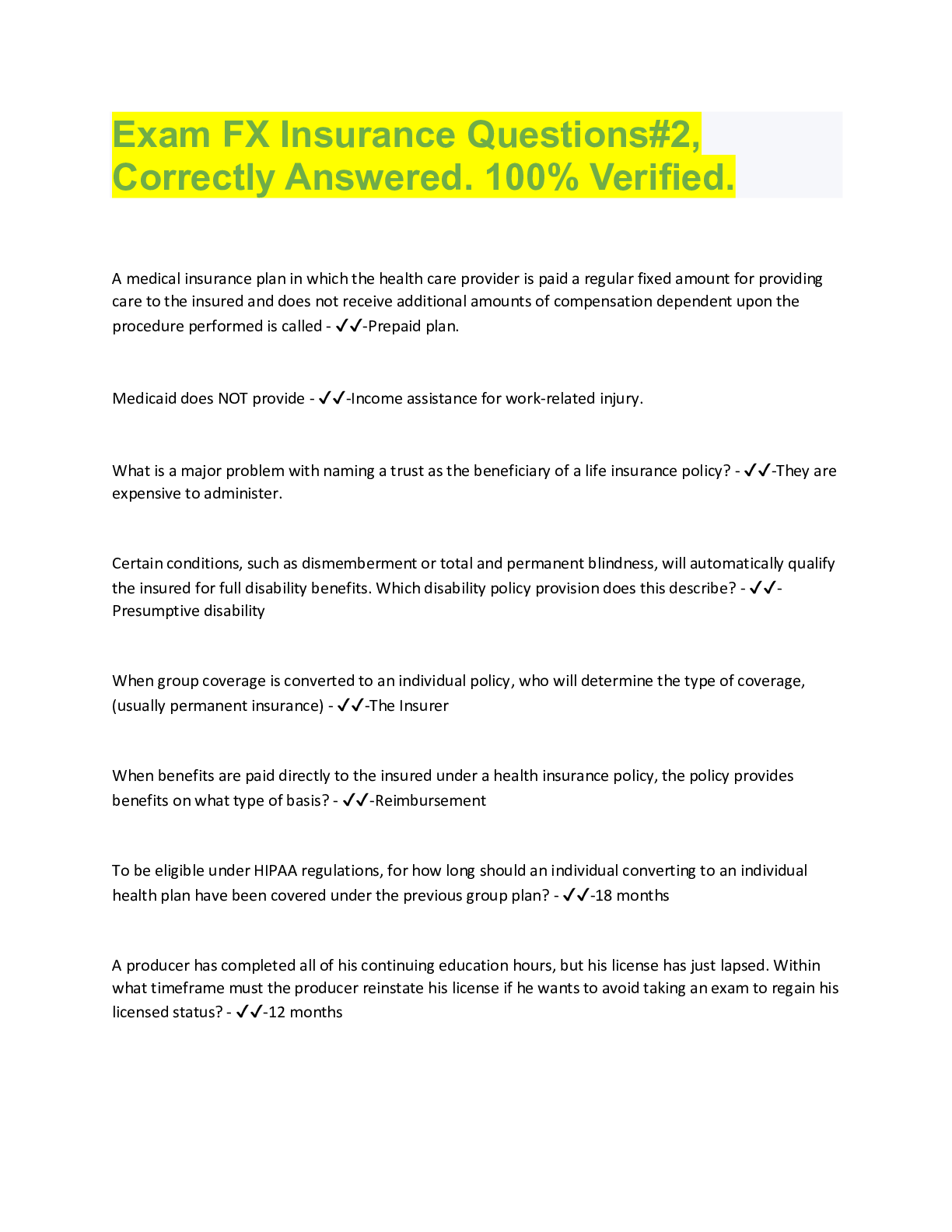 Preview image for Exam FX Insurance Questions#2,  Correctly Answered. 100% Verified.