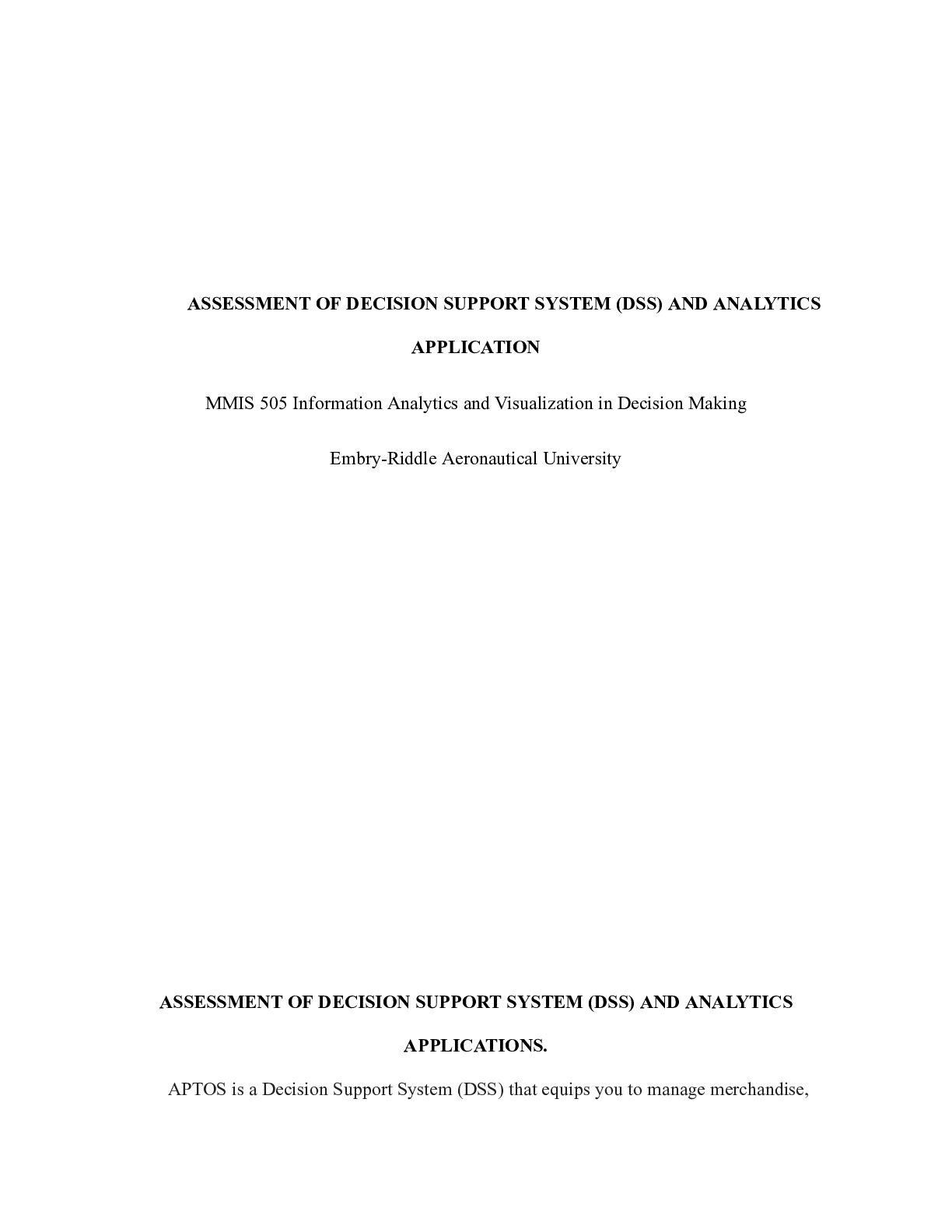 ASSESSMENT OF DECISION SUPPORT SYSTEM DSS AND ANALYTICS APPLICATION ...