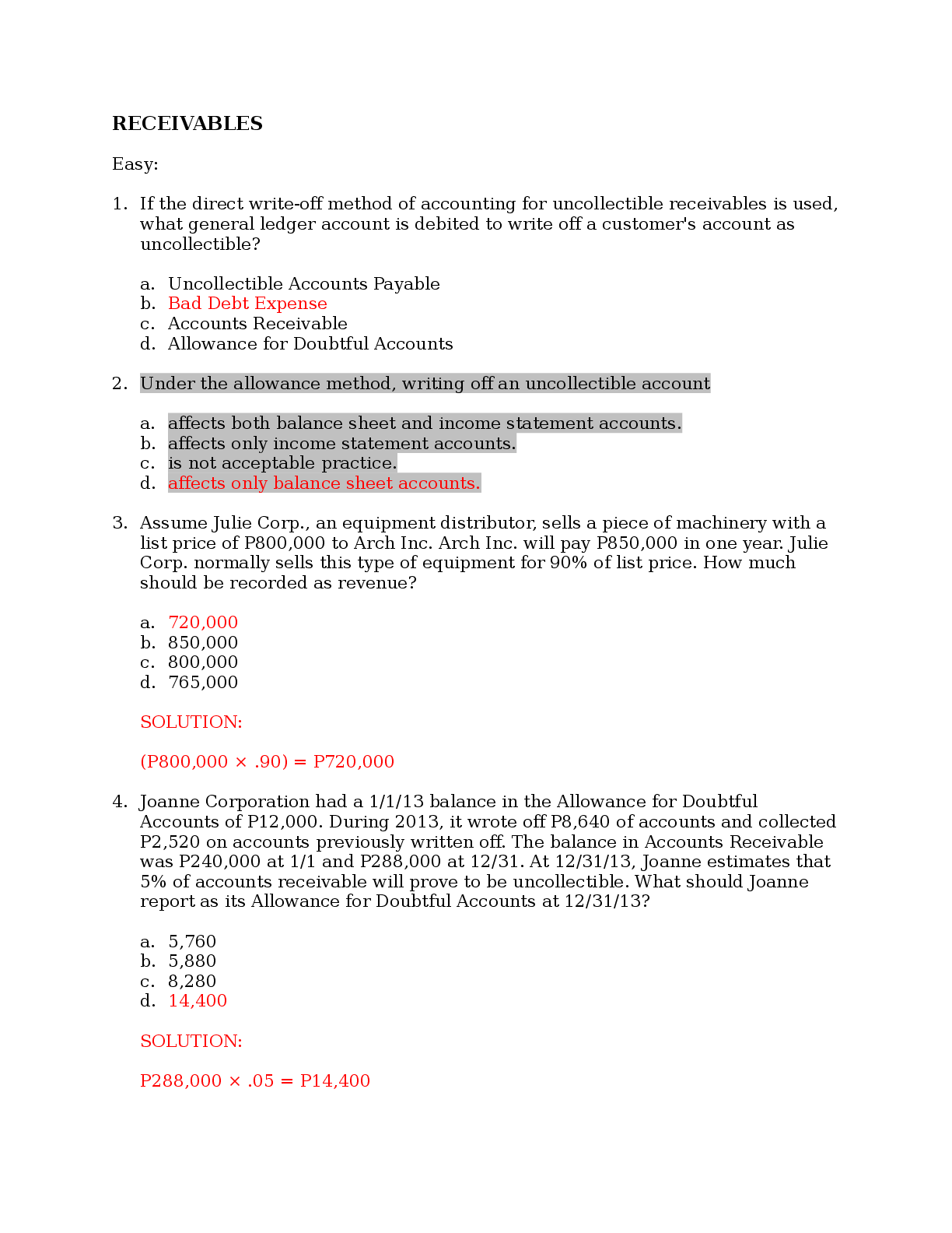 Recommended document preview for FAR 1013  Receivables ALL ANSWERS AND SOLUTIONS ARE HIGHLIGHTED IN RED  Western Leyte College of Ormoc city, Inc.