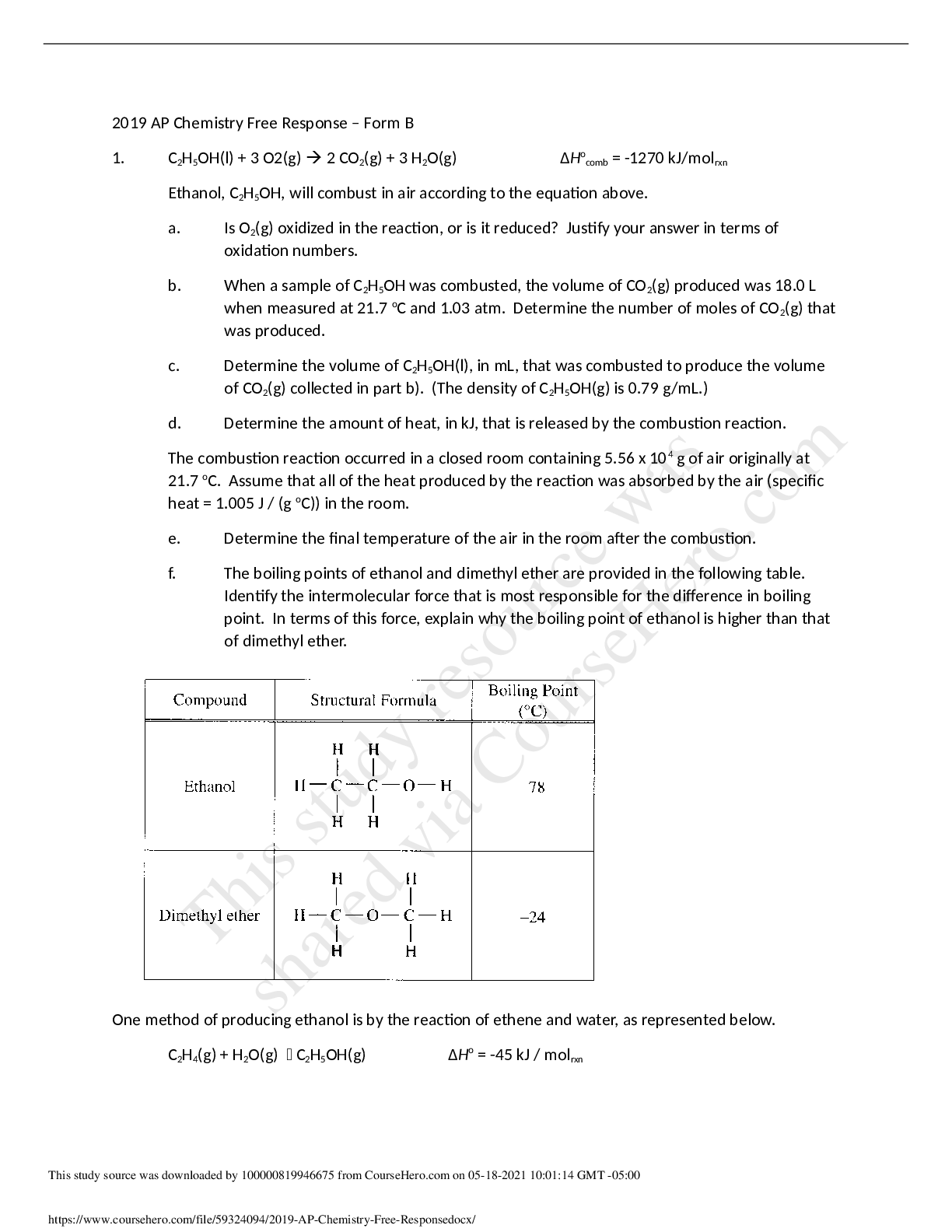 Preview image for Georgia Institute Of TechnologyCO 22019 AP Chemistry Free Response