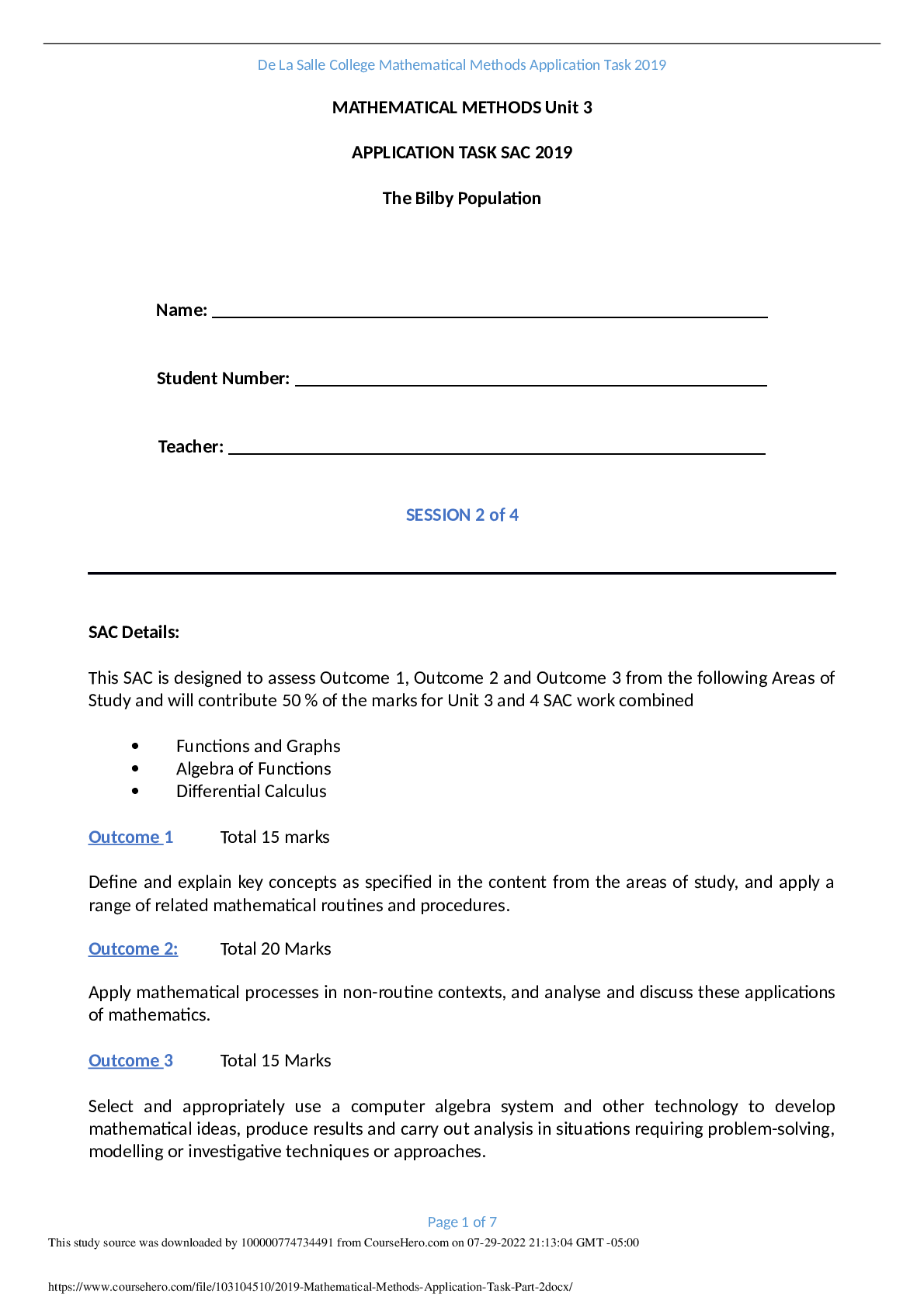 Preview of Questions Paper > MATH VCE MATHEMATICAL METHODS Unit 3 APPLICATION TASK SAC 2019 The Bilby