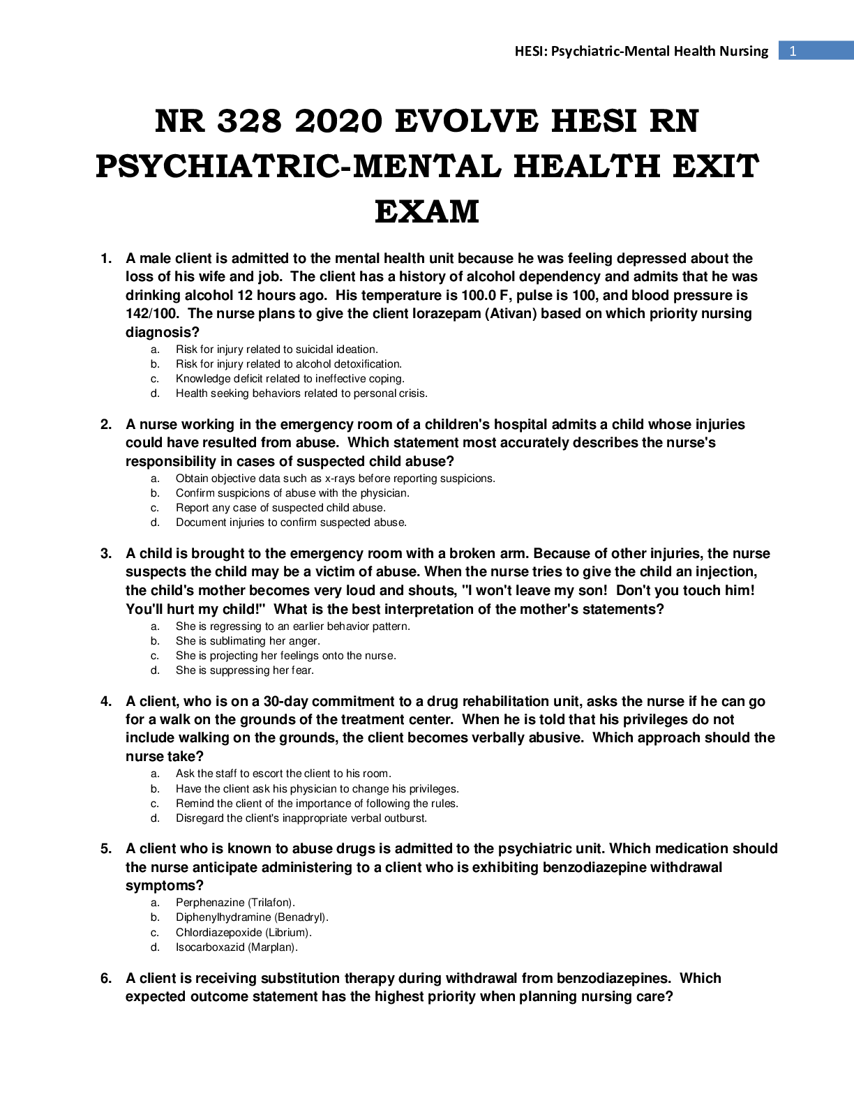 Preview image for NR 328 2020 EVOLVE HESI RN PSYCHIATRIC-MENTAL HEALTH EXIT EXAM