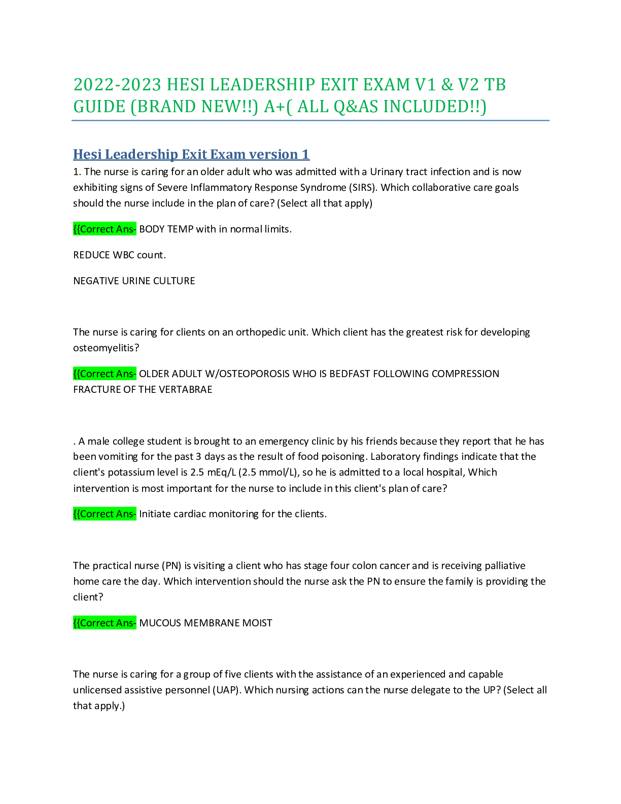 2022-2023 HESI LEADERSHIP EXIT EXAM V1 & V2 TB GUIDE (BRAND NEW!!) A+ ...