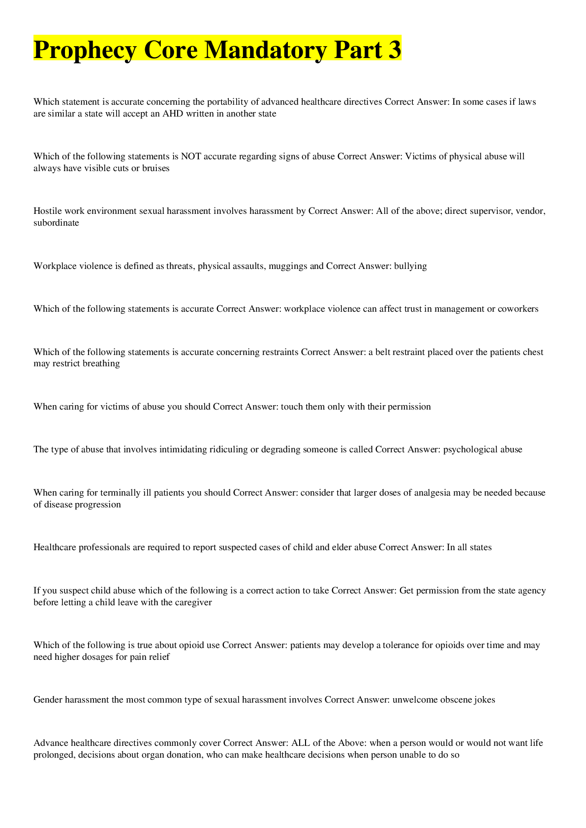 Preview image for Prophecy- Core Mandatory Part III (Nursing); Answered Winter 2022.