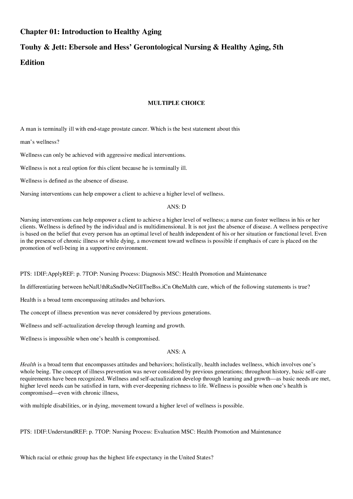 Preview image for Test Bank for Ebersole and Hess Gerontological Nursing and Healthy Aging 5th Edition Touhy / All Chapters 1-28 / Full Complete 2022 - 2023