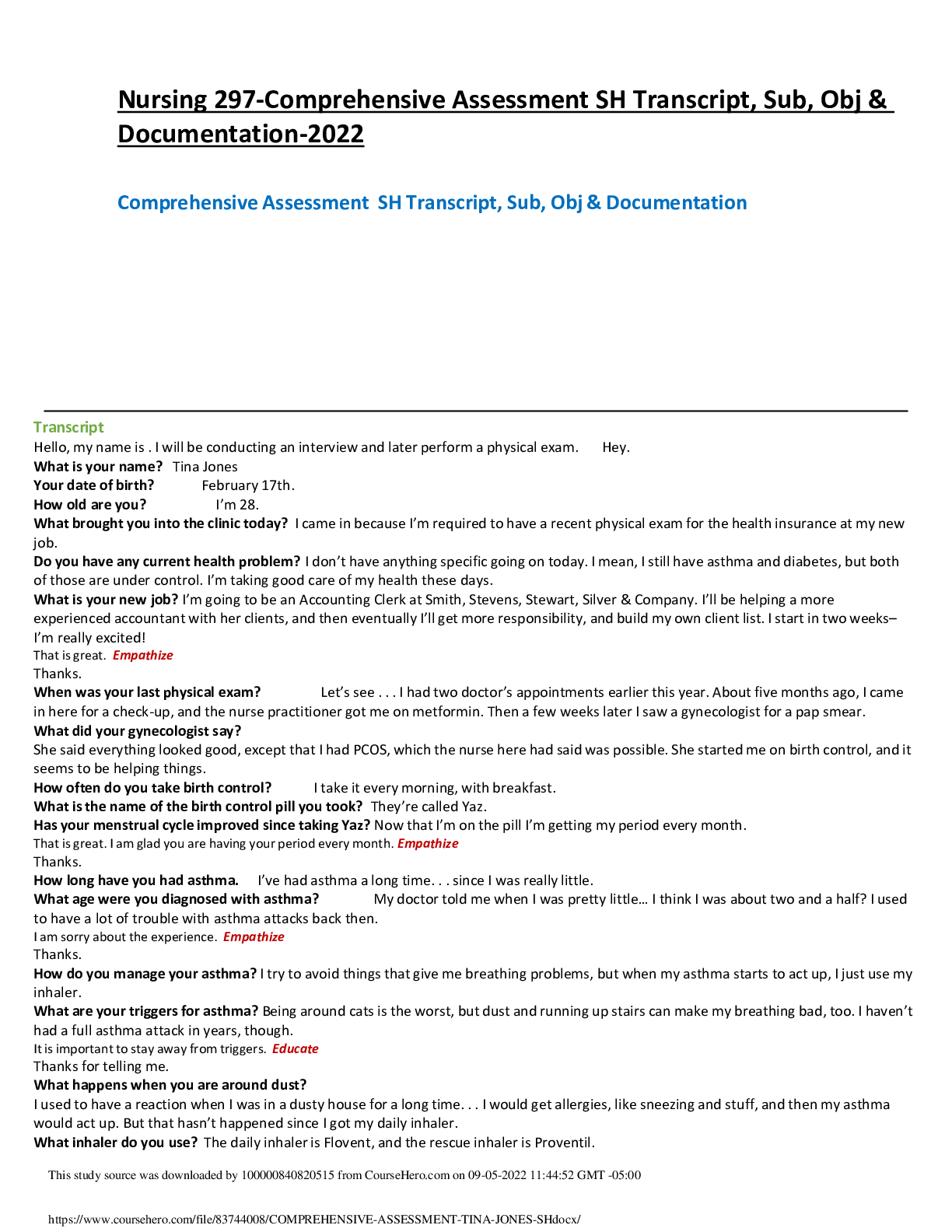 Preview image of Nursing 297-Comprehensive Assessment SH Transcript, Sub, Obj & Documentation-2022 document
