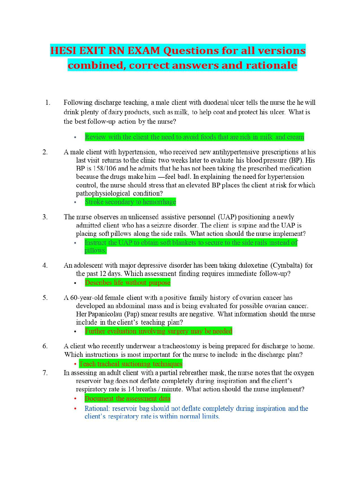Recommended document preview for HESI EXIT RN EXAM Questions for all versions combined, correct answers and rationale