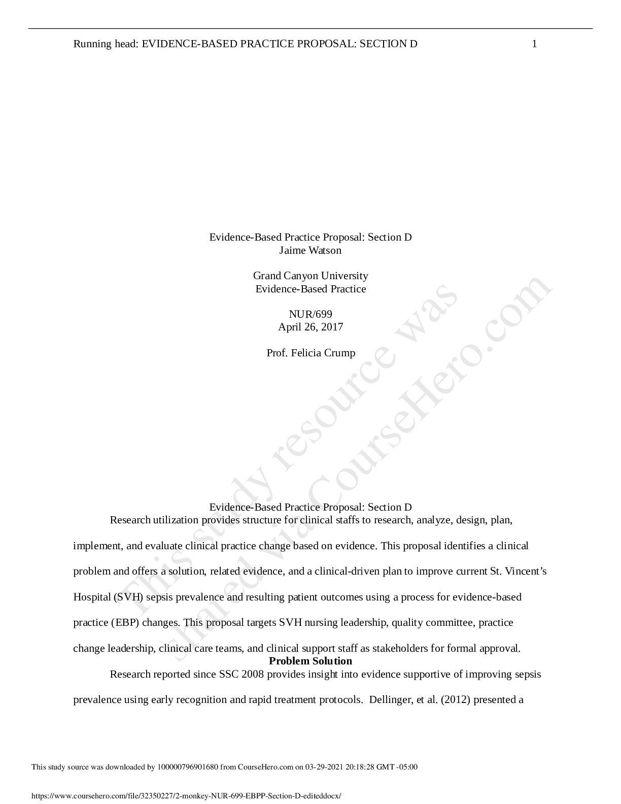 Preview image of Running head: EVIDENCE-BASED PRACTICE PROPOSAL: SECTION D document