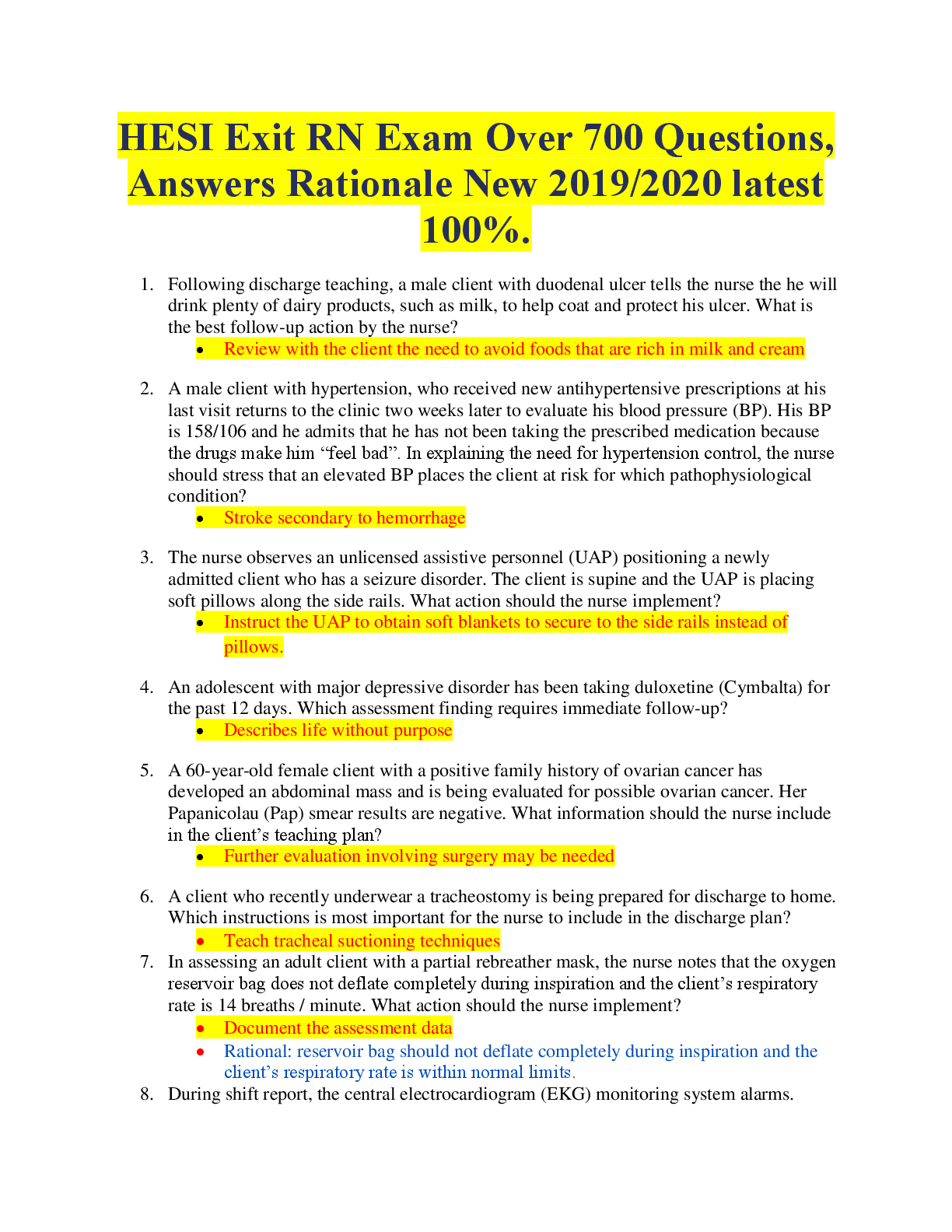 HESI Exit RN Exam Over 700 Questions, Answers Rationale  latest 100%.