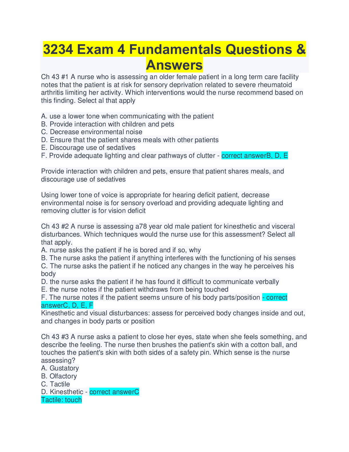 NURS 3234 Exam 4 Fundamentals Questions & Answers 2022 | ScholarFriends