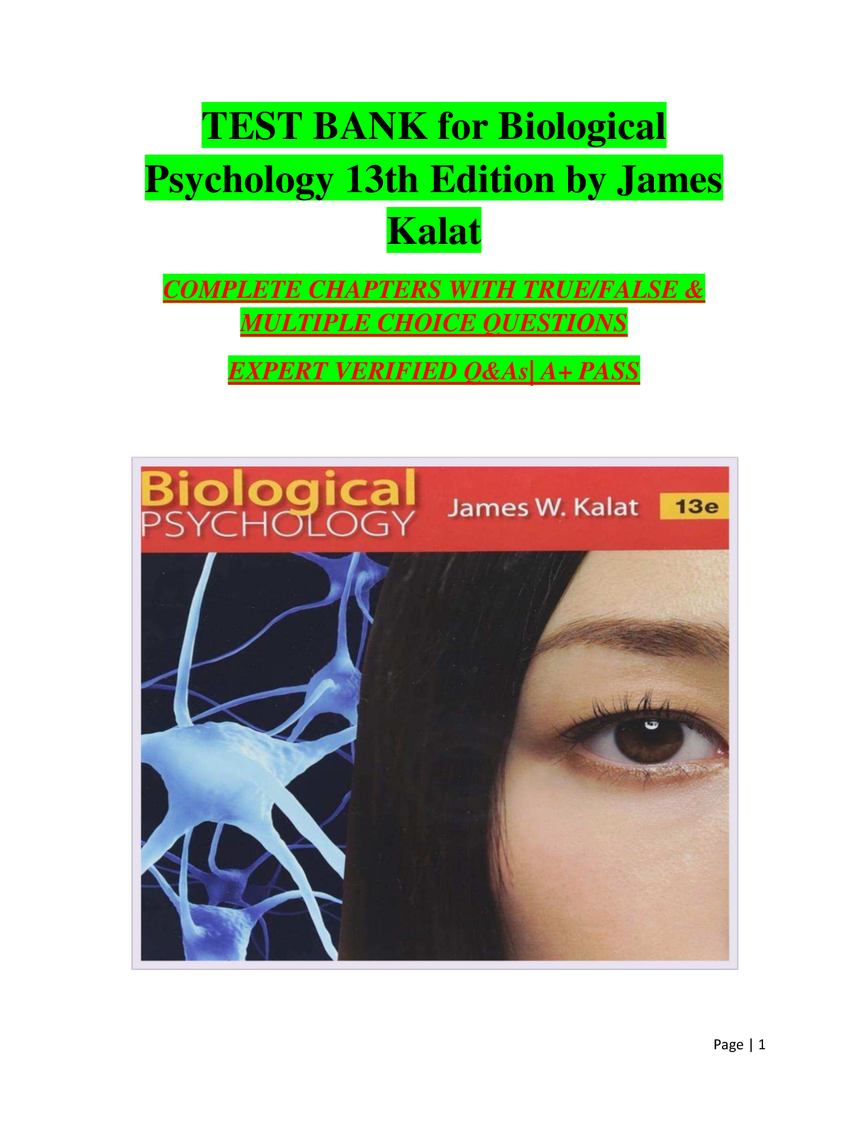 Recommended document preview for TEST BANK for Biological Psychology 13th Edition by James Kalat A+