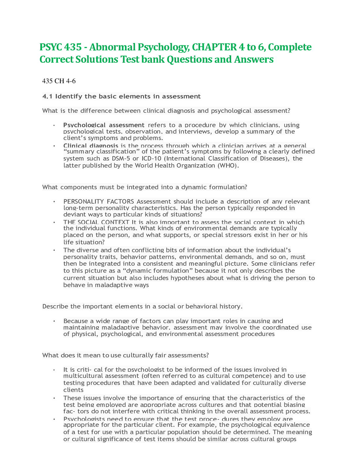 Preview of PSYC 435 - Abnormal Psychology, CHAPTER 4 to 6, Complete Correct Solutions Test bank Quest