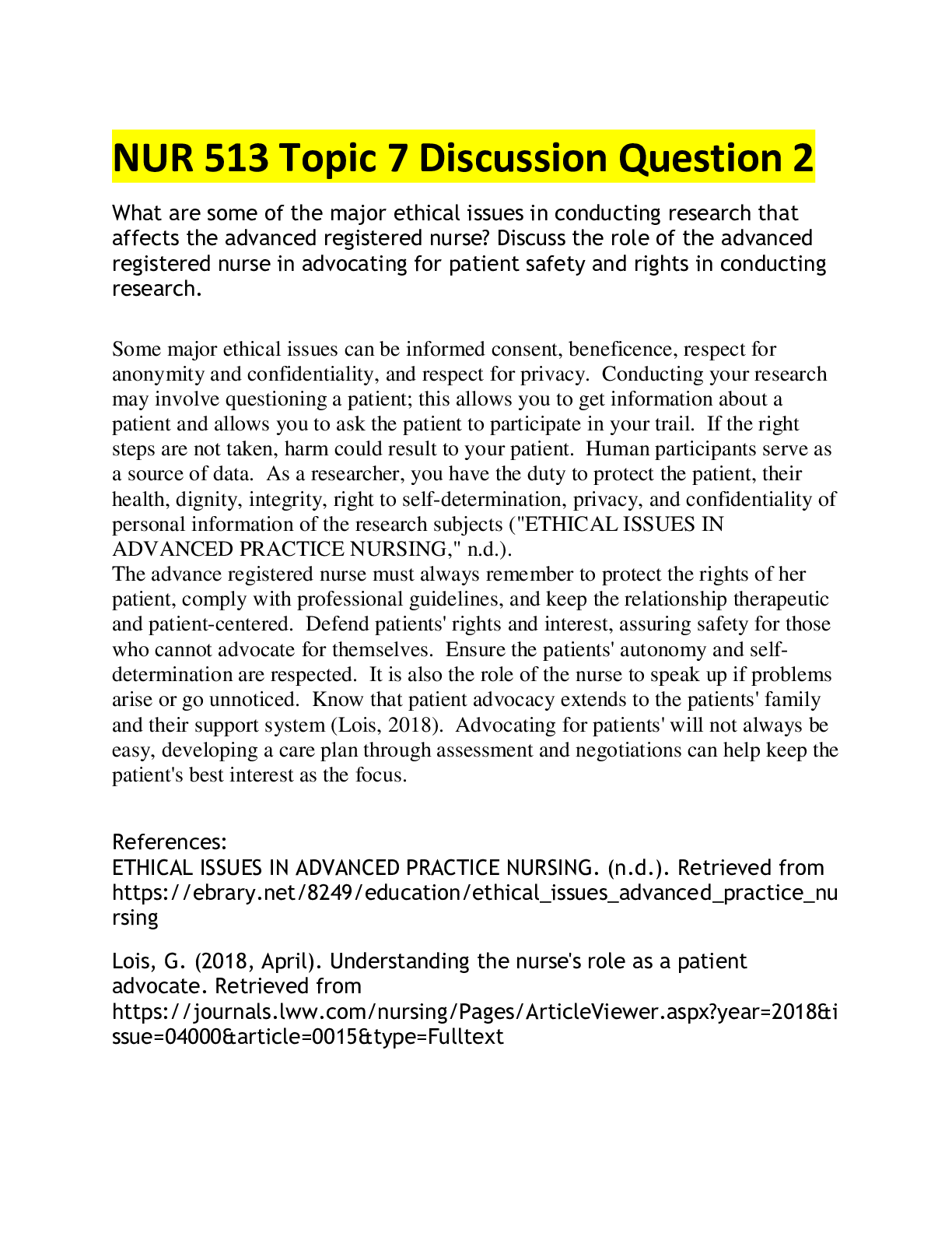Preview image of NUR 513 Topic 7 Discussion Question 2/COMPLETE SOLUTION document