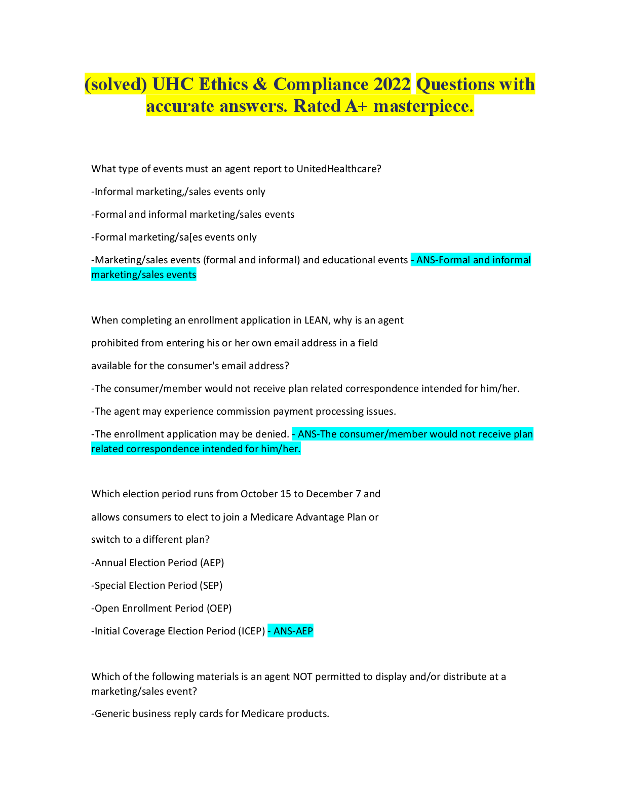 Preview of UHC Ethics and Compliance Questions With 100% Accurate Answers | Already Graded A+ | Download This Masterpiece Package and Excel.