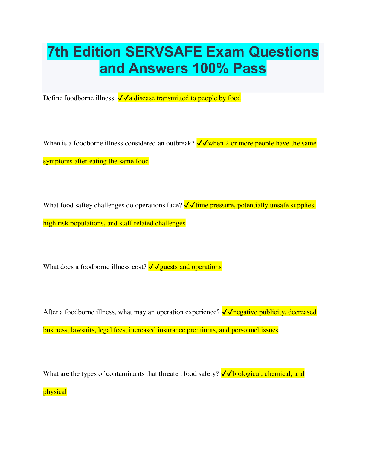 7th Edition SERVSAFE Exam Questions and Answers 100% Pass | ScholarFriends