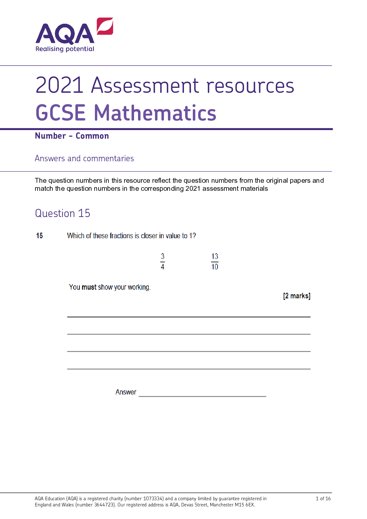 AQA GCSE Mathematics Number - Common Answers and commentaries. 2021 ...