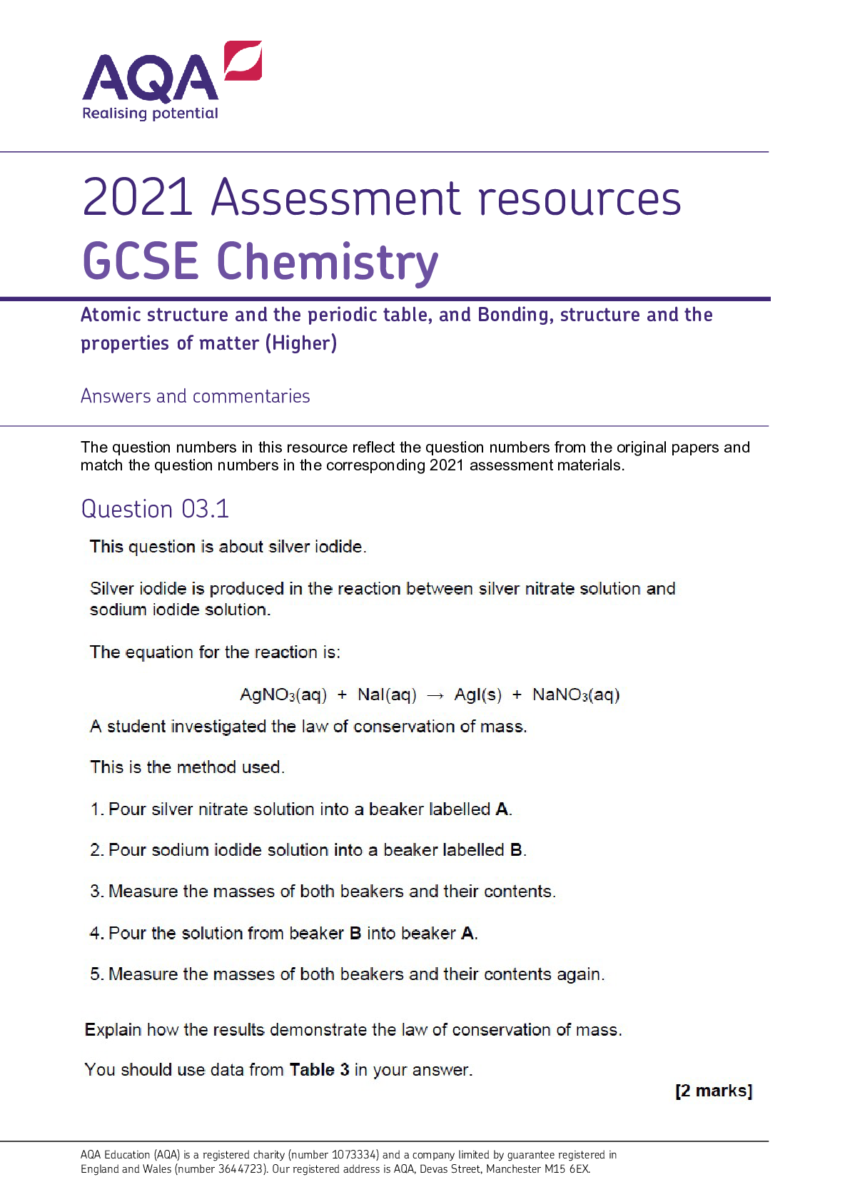 AQA GCSE 8462 Chemistry Atomic structure and the periodic table, and ...
