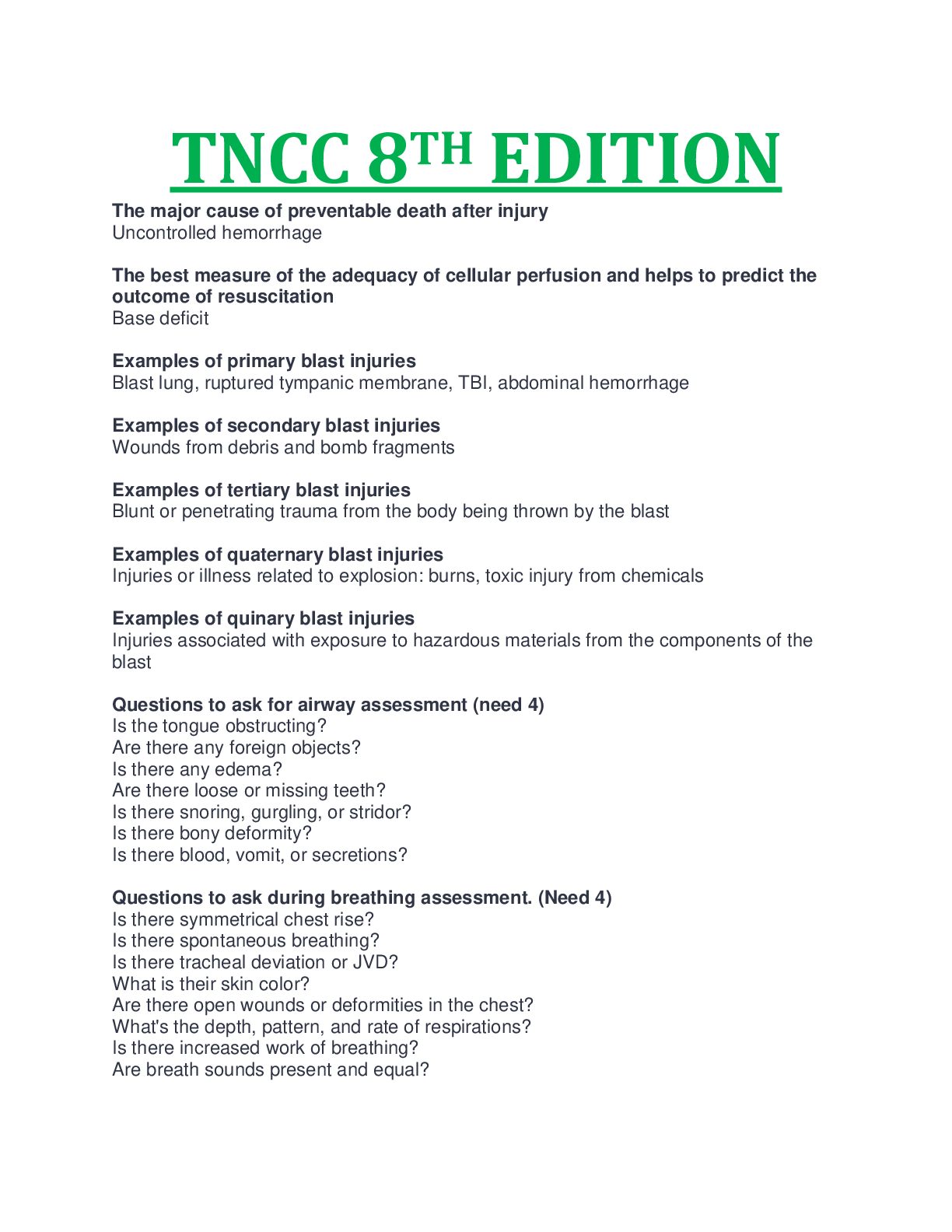 Tncc Questions TNCC 8TH EDITION ACTUAL EXAM TEST QUESTIONS AND ANSWERS NEW AND LATEST ...