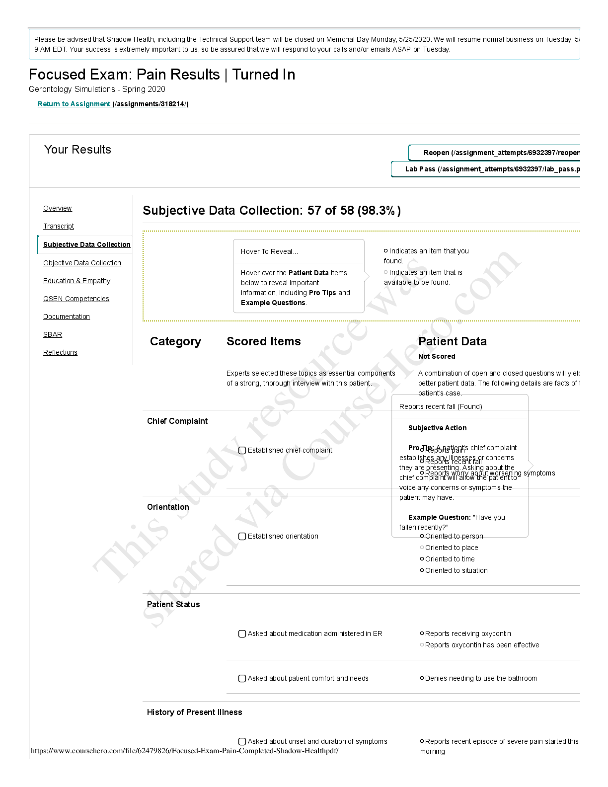 Preview of NURS 261 Focused Exam: Pain Results | Turned In Gerontology Simulations Subjective Data Collection: 57 of 58 (98.3%)