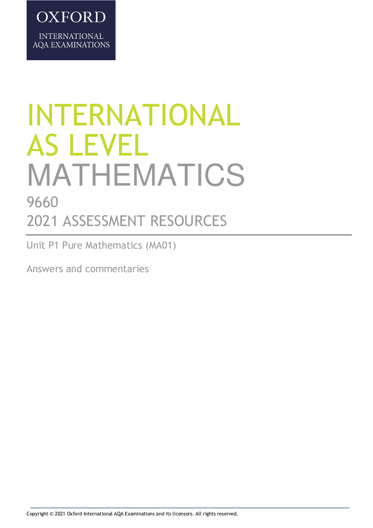 Oxford AQA INTERNATIONAL AS LEVEL MATHEMATICS 9660 2021 ASSESSMENT R ...