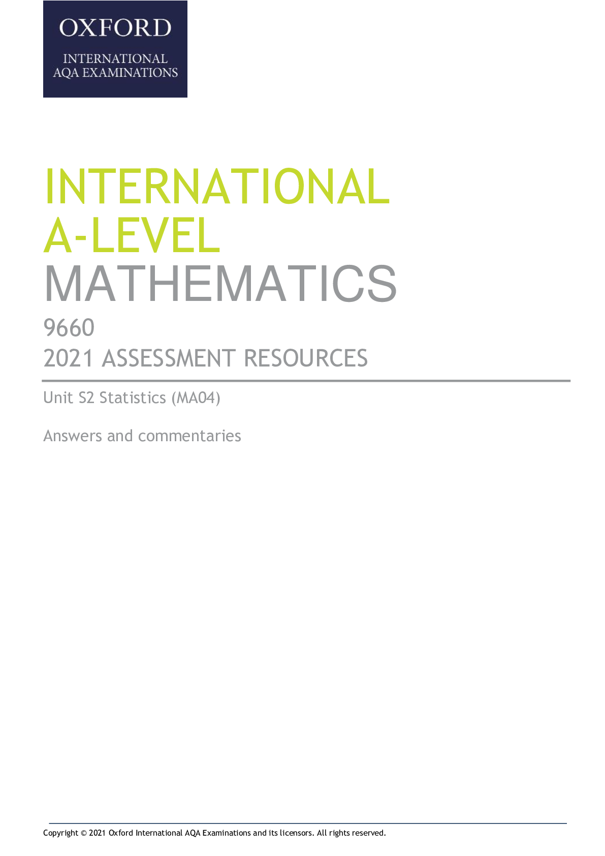 Oxford AQA INTERNATIONAL A-LEVEL MATHEMATICS 9660 2021 ASSESSMENT RE ...