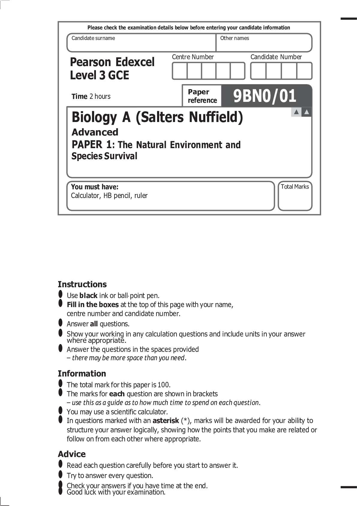 Pearson Edexcel Level 3 GCE Biology A (Salters Nuffield) Advanced PA ...