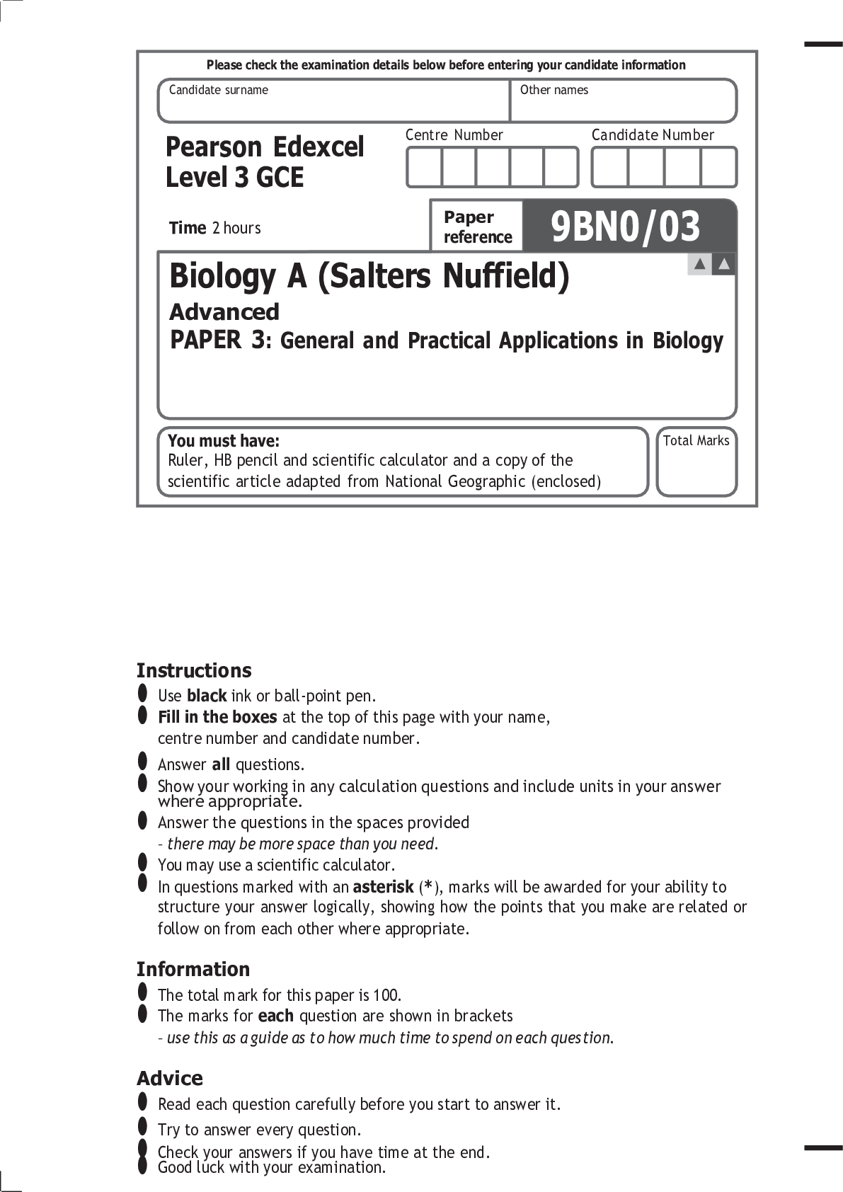 Pearson Edexcel Level 3 GCE Biology A (Salters Nuffield) Advanced PA ...