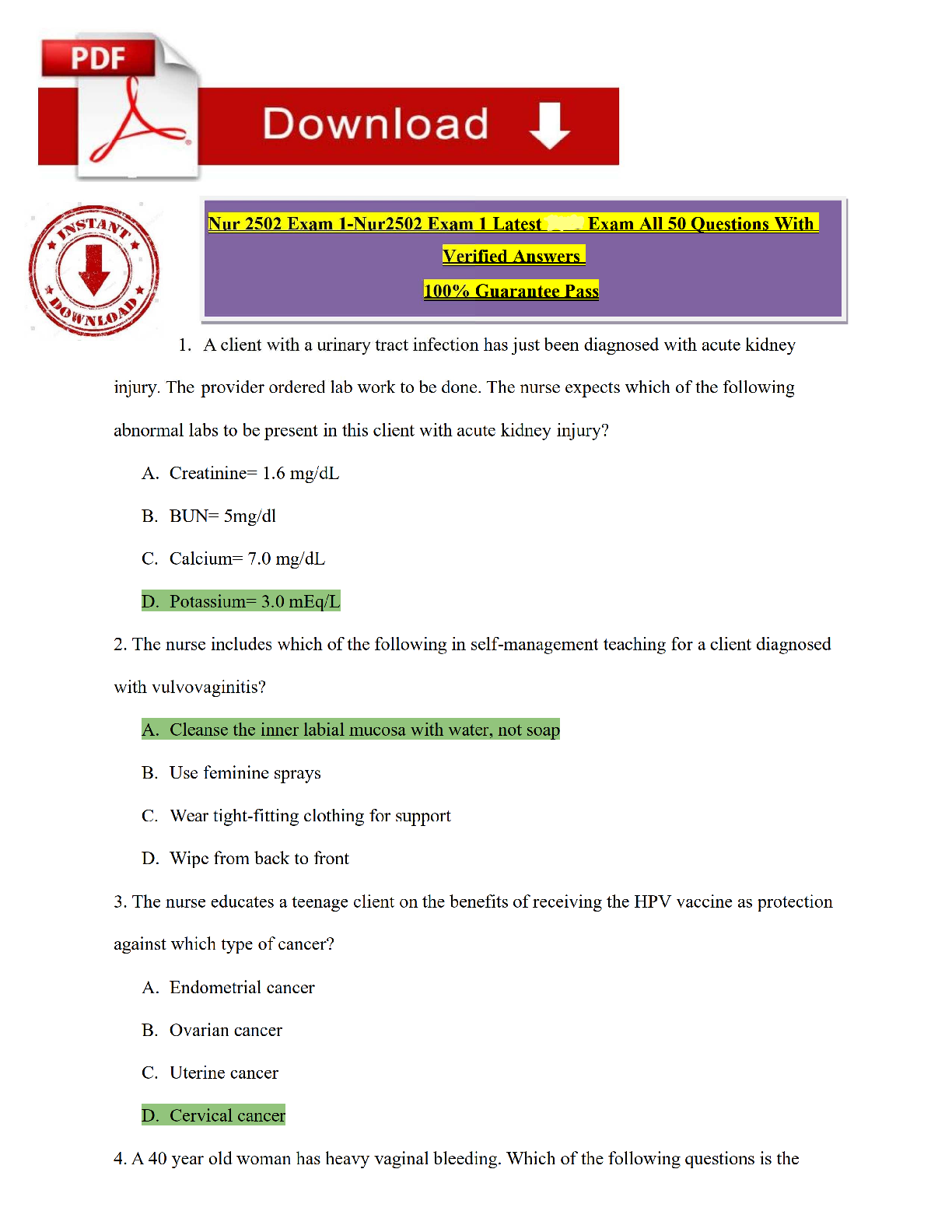 Preview of NUR2502 Exam 1 – Multidimensional Care III (MDC 3) (Latest 2026/2027 Update) | Complete 50 Questions with Verified Answers & Detailed Rationales | AKI, BPH, Pyelonephritis, STIs, Prostate Cancer, Breast Cancer, Reproductive Health | A+ Grade