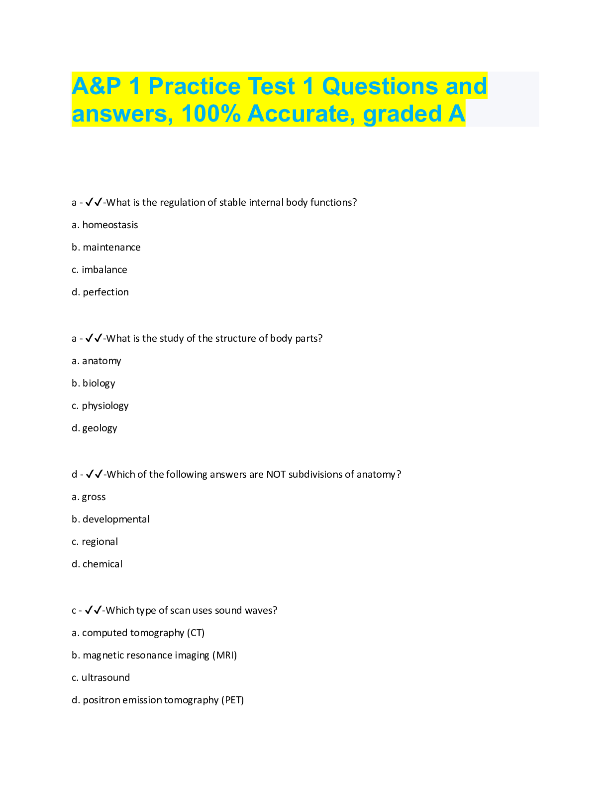 Preview image for A&P 1 Practice Test 1 Questions and  answers, 100% Accurate, graded A