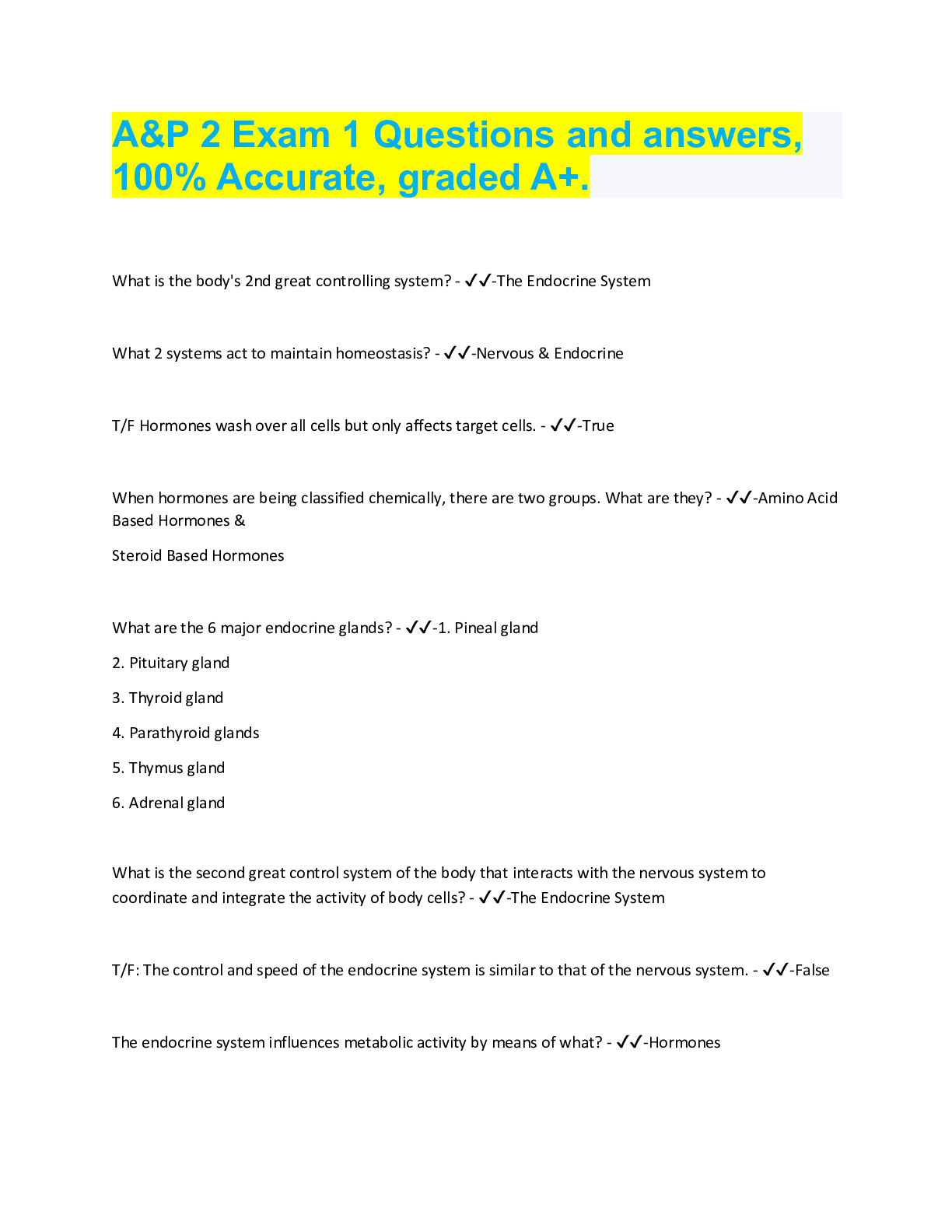 Preview image for A&P 2 Exam 1 Questions and answers,  100% Accurate, graded A+.