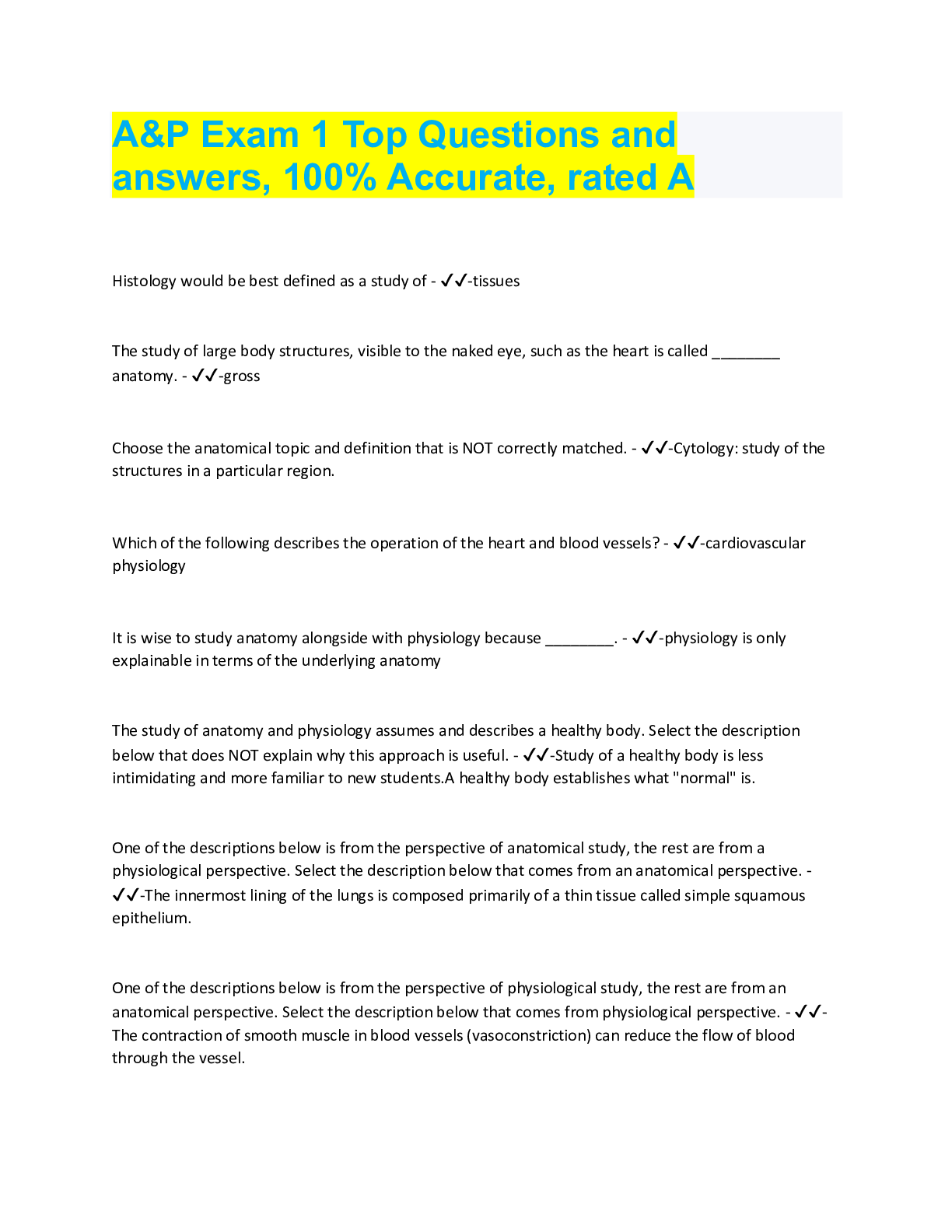 Preview image for A&P Exam 1 Top Questions and  answers, 100% Accurate, rated A Histology would be best defined as a study