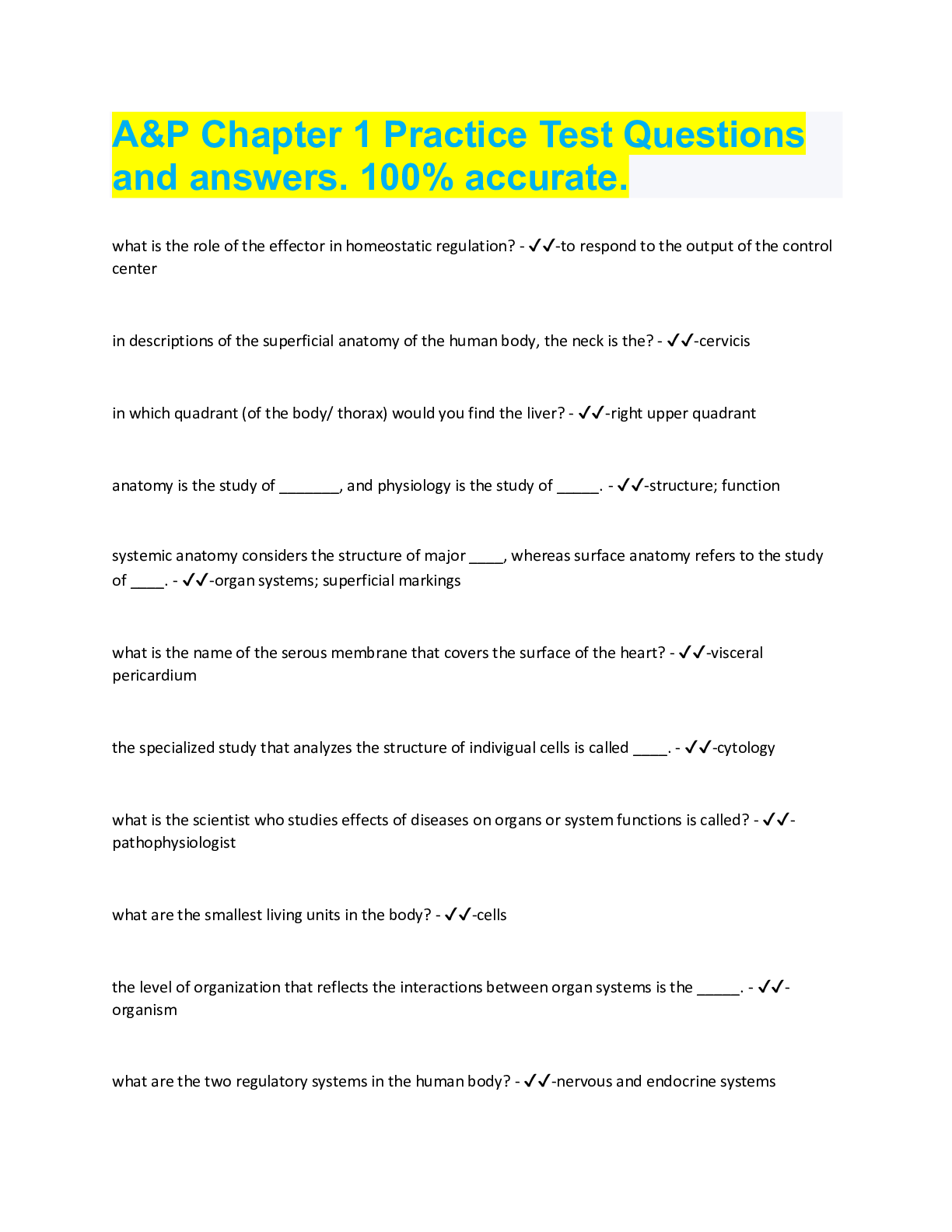 Preview image for A&P Chapter 1 Practice Test Questions  and answers. 100% accurate.