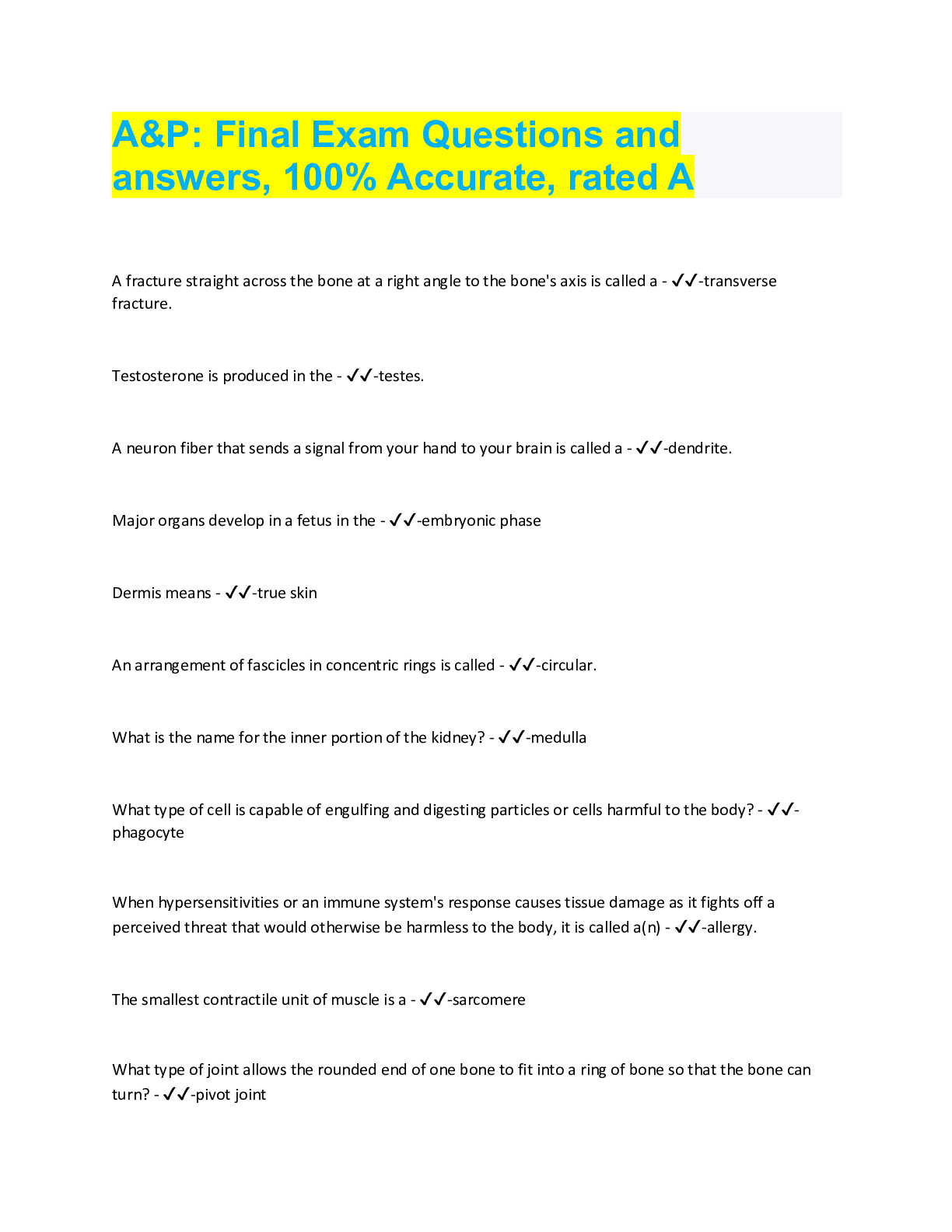 Preview image for A&P: Final Exam Questions and  answers, 100% Accurate, rated A