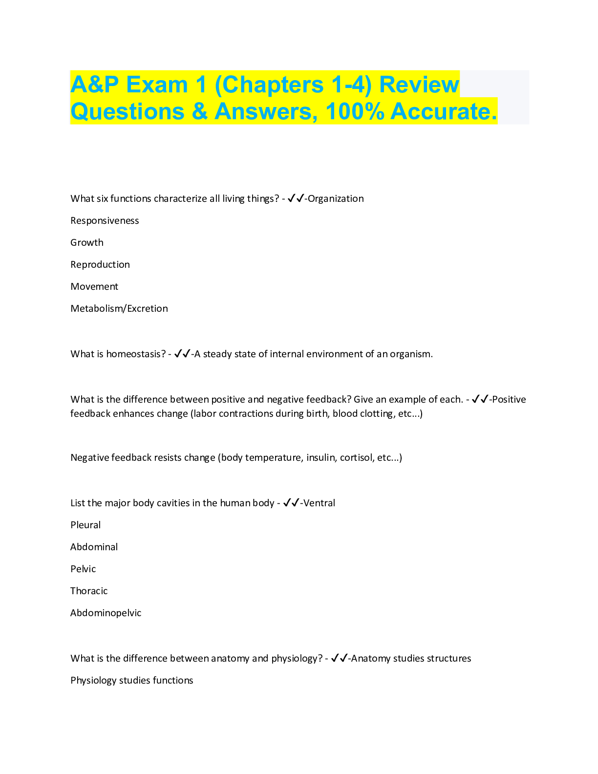 Preview image for A&P Exam 1 (Chapters 1-4) Review  Questions & Answers, 100% Accurate.