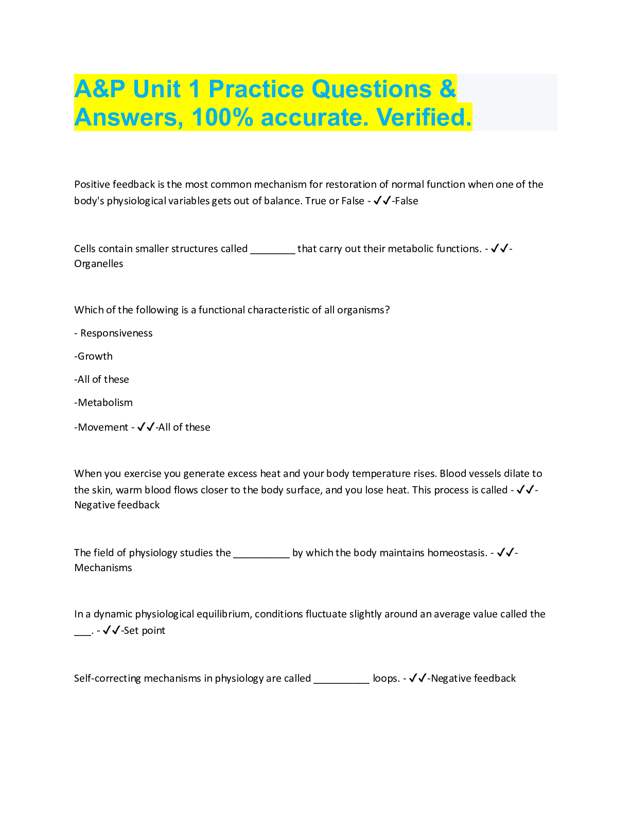 Preview image for A&P Unit 1 Practice Questions &  Answers, 100% accurate. Verified.