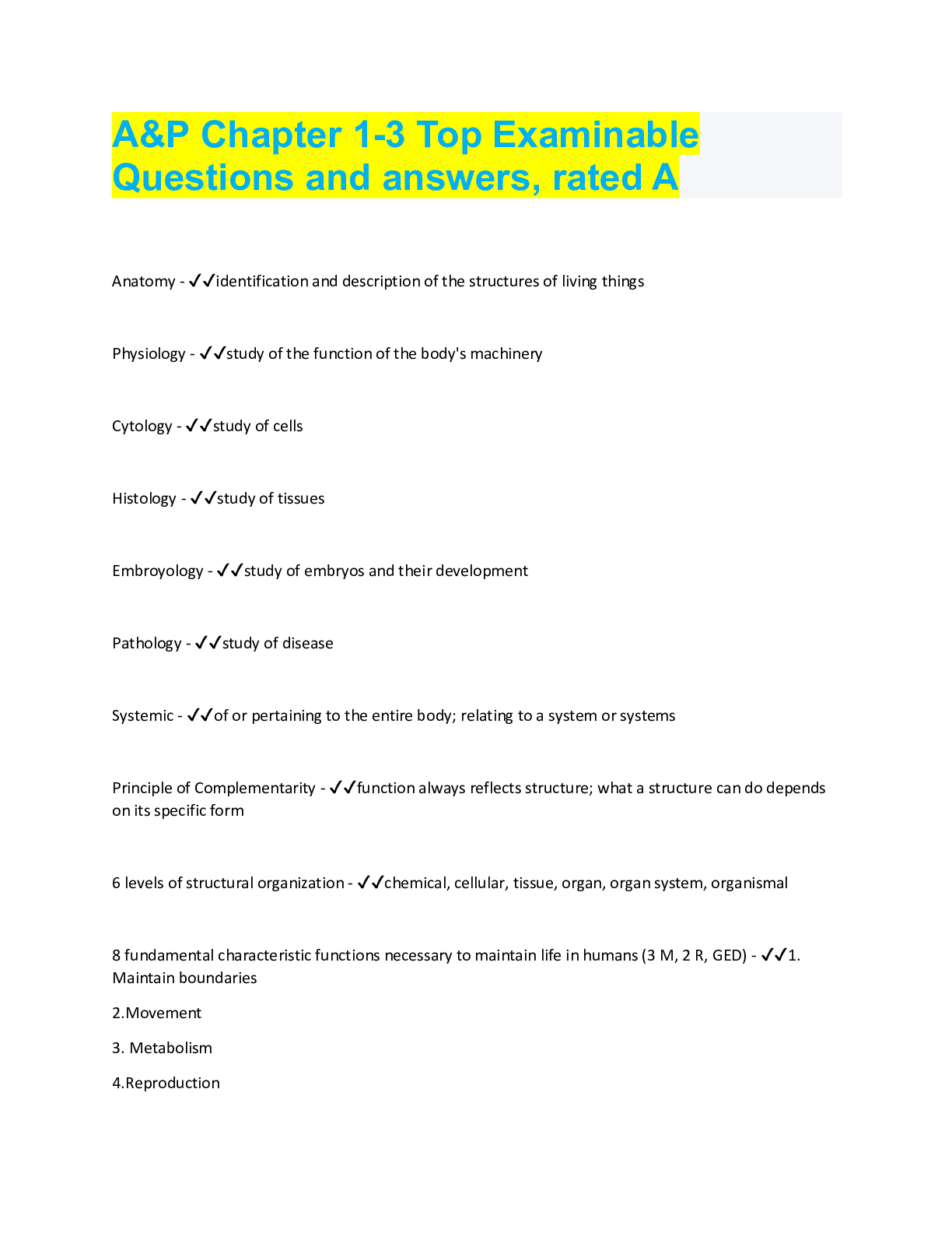 Preview image for A&P Chapter 1-3 Top Examinable  Questions and answers, rated A