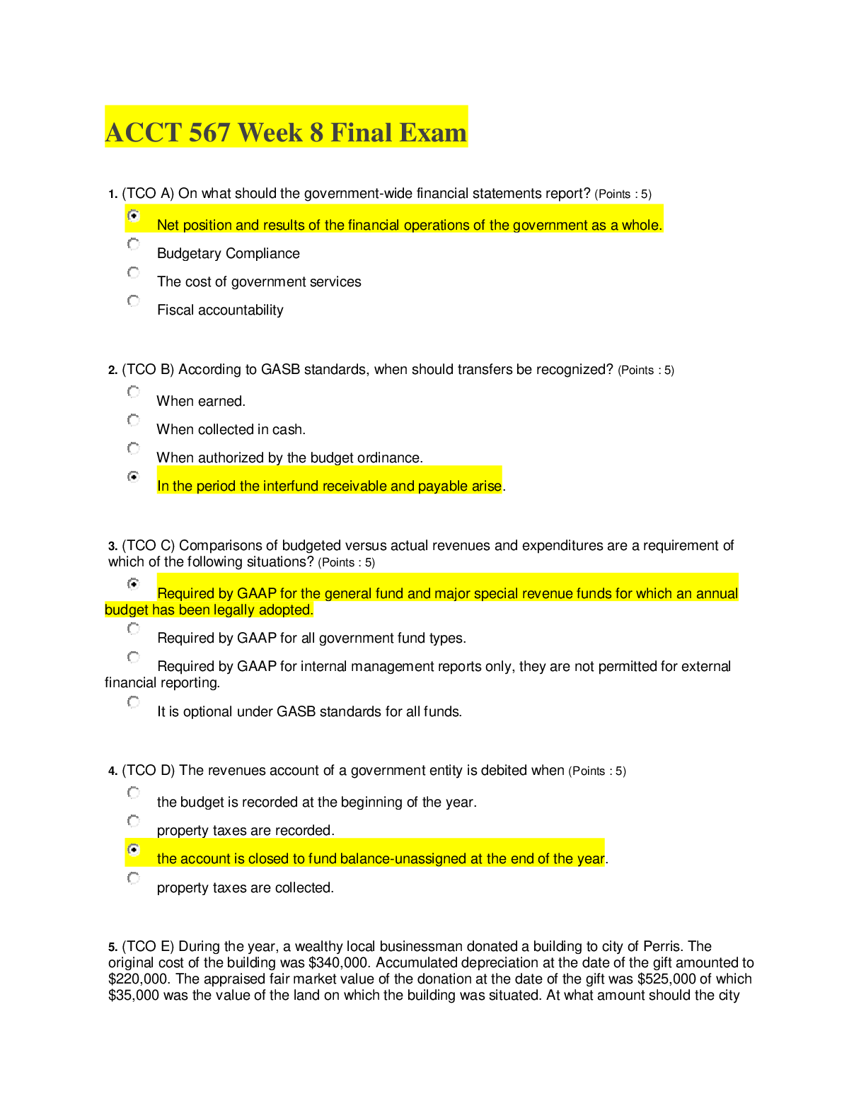 Preview of Chamberlain College of Nursing -ACCT 567 Week 8 Final Exam Questions and Answers Rated A
