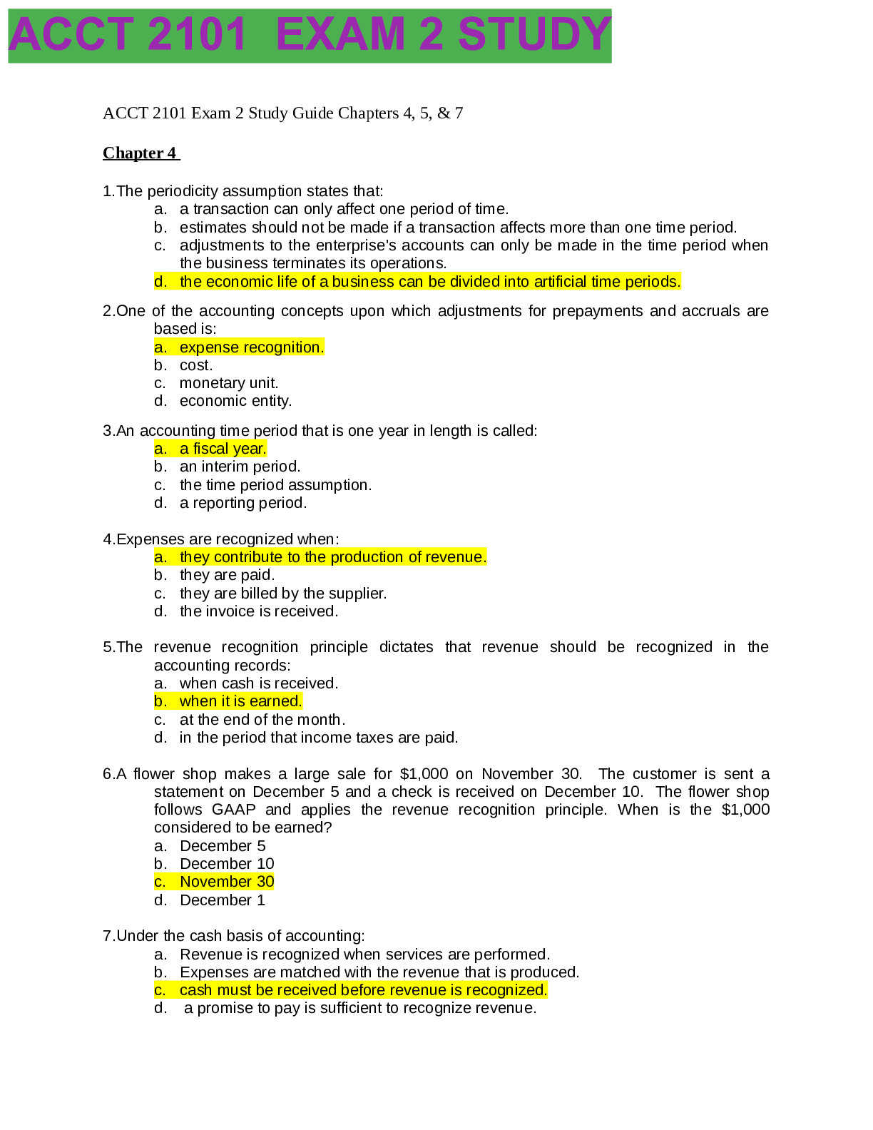 ACCT 2101 FINAL EXAM STUDY GUIDE CHAPTER 1 - 12 Questions with compl ...
