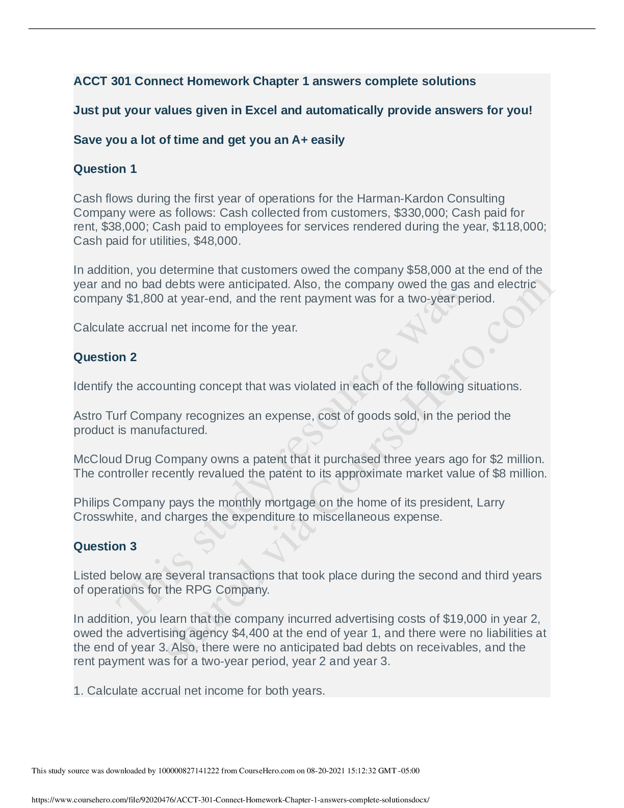 Preview image of ACCT 301 Connect Homework Chapter 1 answers complete solutions document