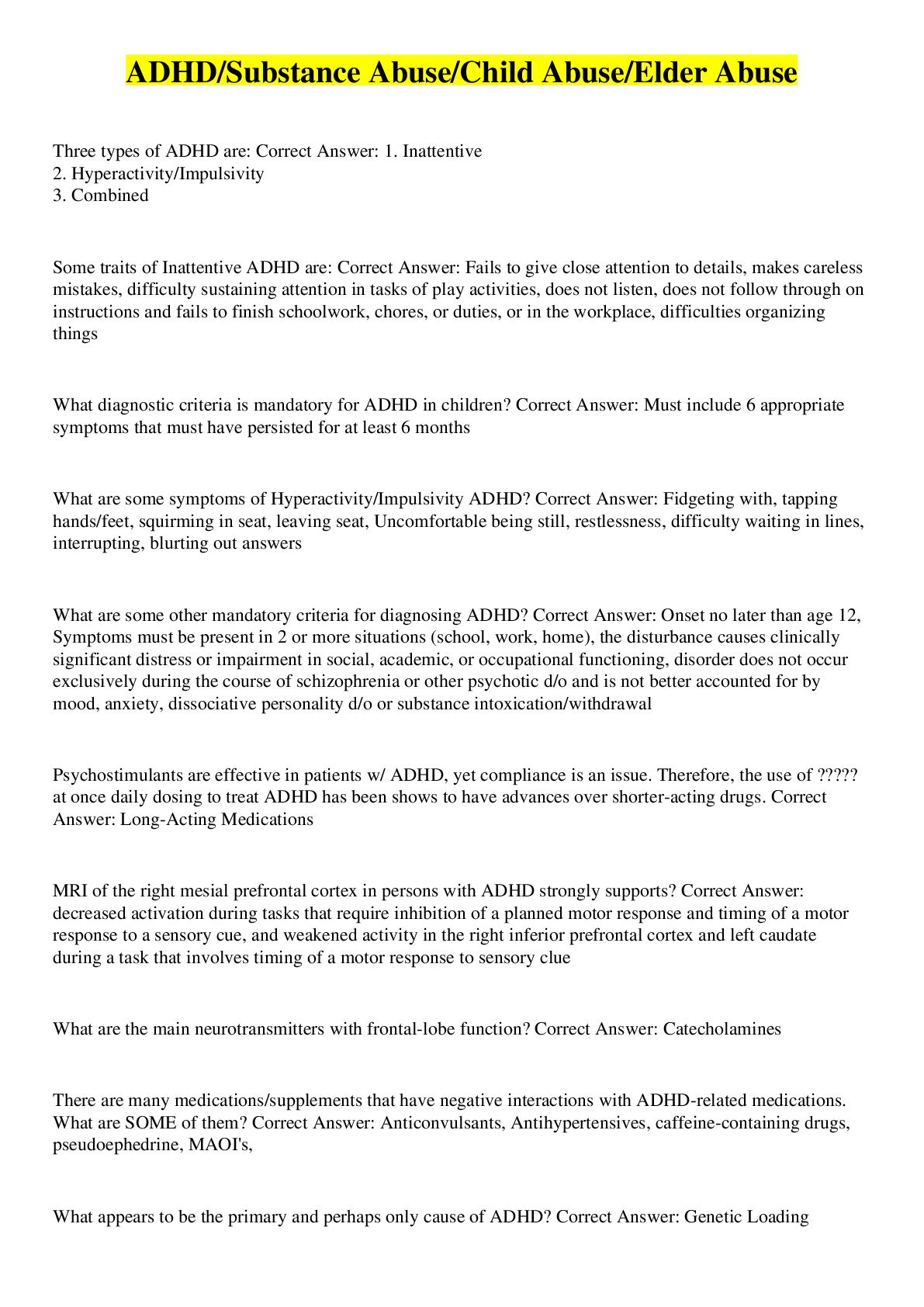 Preview image for ADHD/Substance Abuse/Child Abuse/Elder Abuse QUESTIONS WITH COMPLETE SOLUTIONS