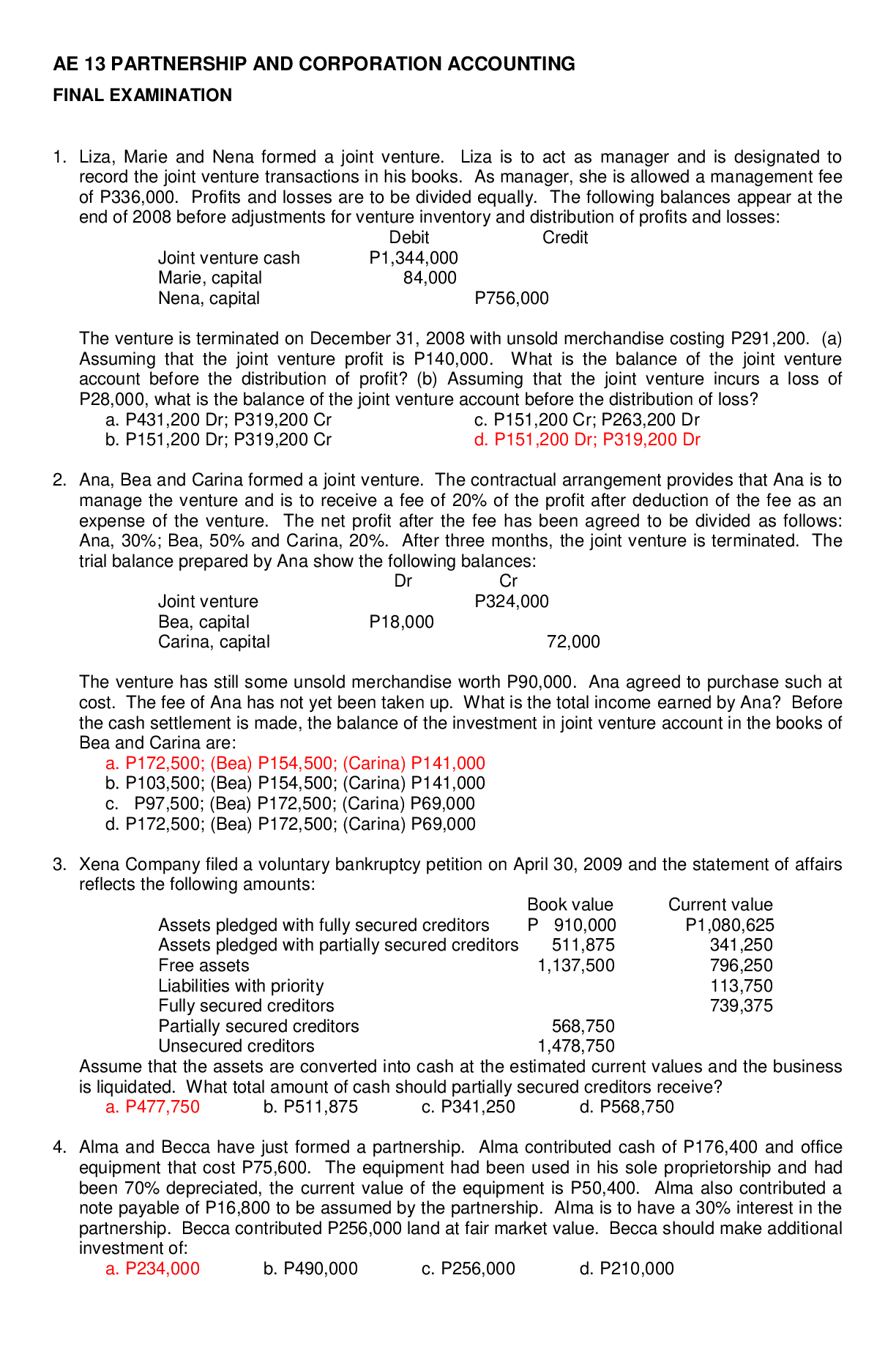 Preview image for ACCOUNTING 403: AE 13 PARTNERSHIP AND CORPORATION ACCOUNTING FINAL EXAMINATION: ANSWERS