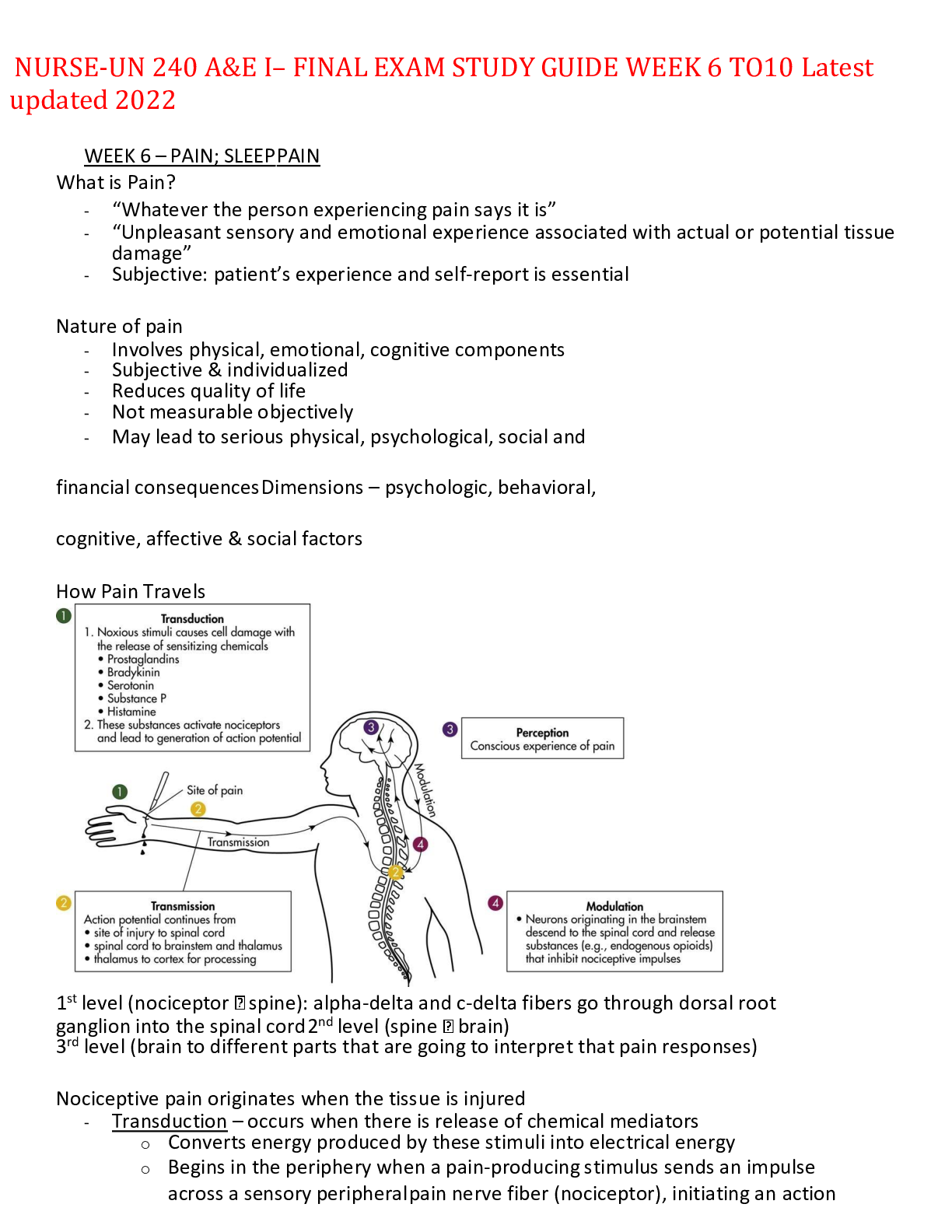 Preview of NURSE-UN 240 A&E I– FINAL EXAM STUDY GUIDE WEEK 6 TO 10 Latest updated 2022,100% CORRECT